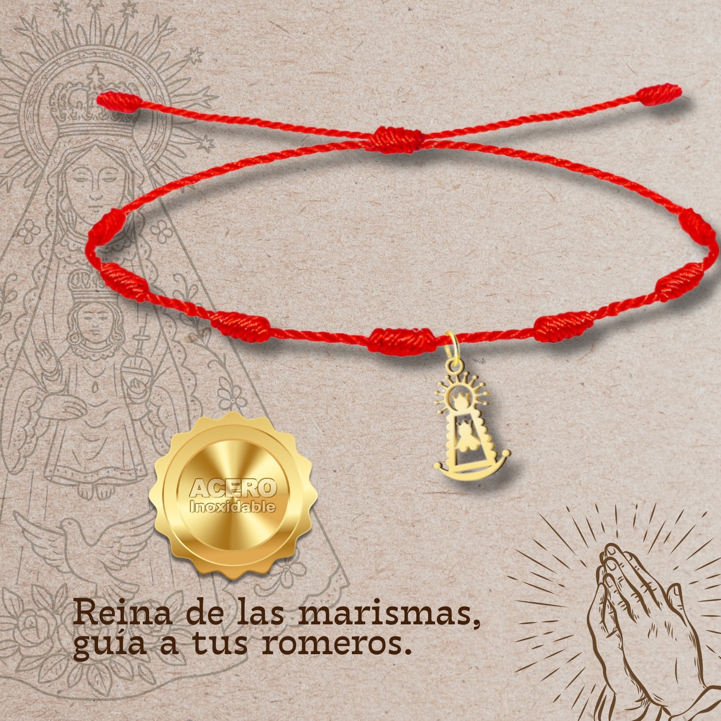 Pulsera 7 nudos con Colgante Virgen del Rocío Acero Dorado