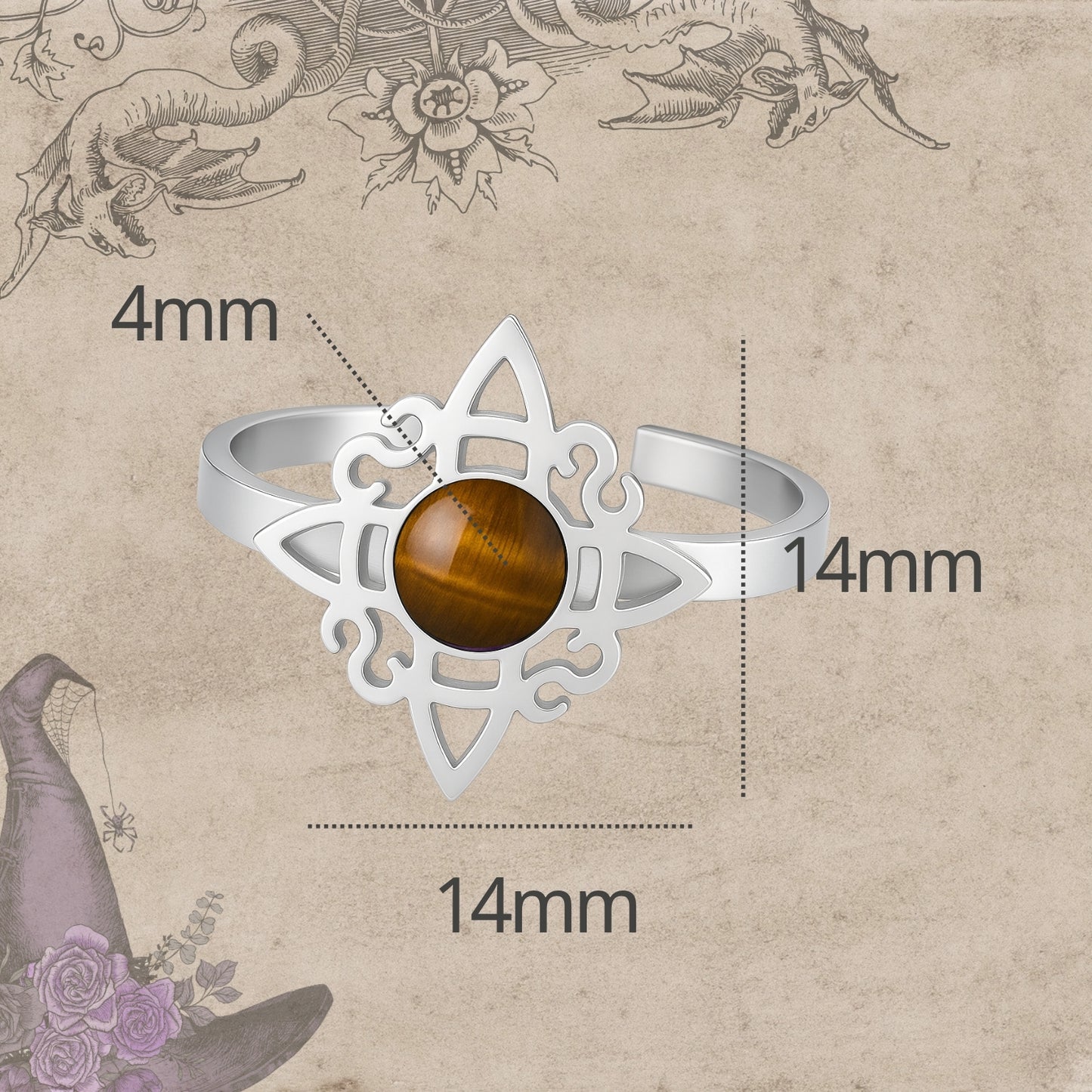 Anillo Nudo de Bruja Acero Plateado con Ojo de Tigre