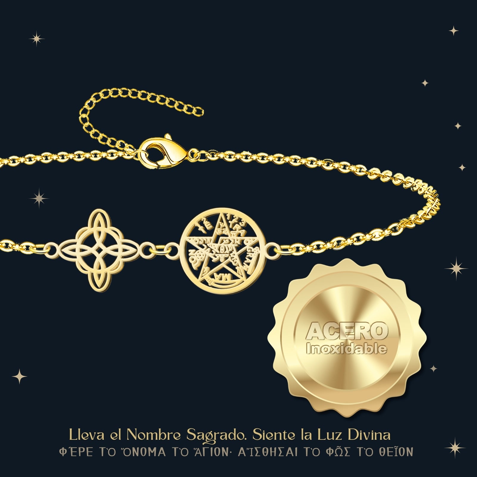 Pulsera Tetragrammaton y Nudo de Bruja en Acero Dorado - cotigo