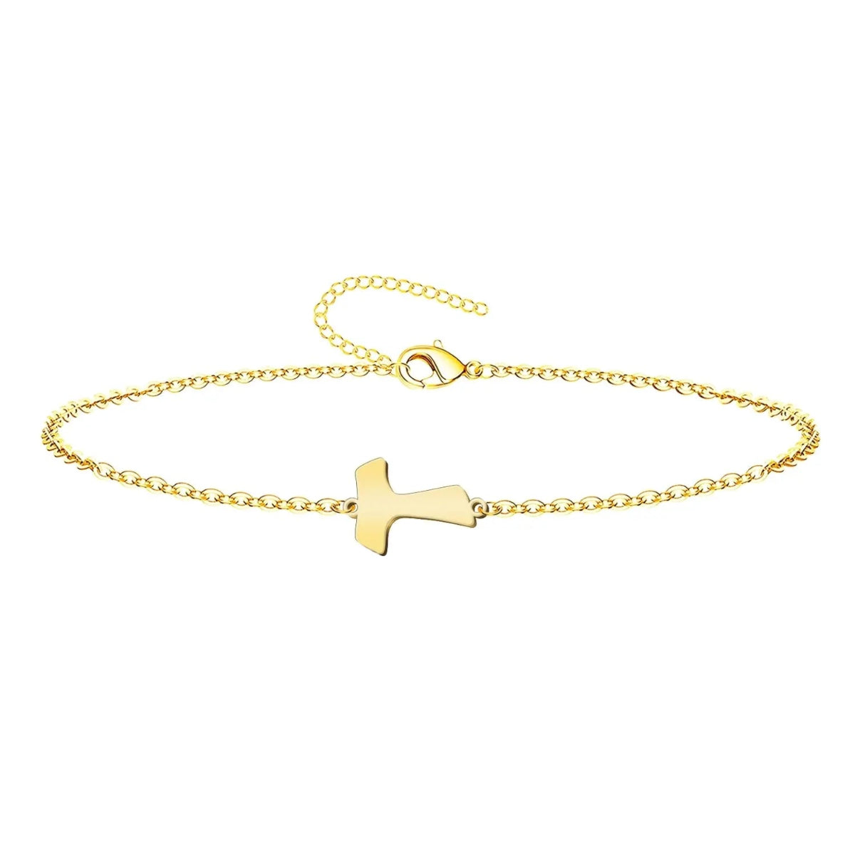 Pulsera de cadena fina con cruz Tau central en acero inoxidable de color dorado, acabado brillante y cierre ajustable de mosquetón.