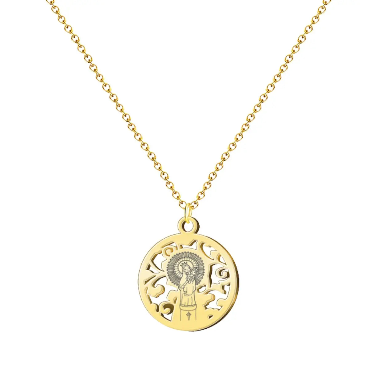 Collar fino dorado con colgante circular de la Virgen del Pilar. Diseño de medalla con fondo calado de filigrana y acabado brillante.