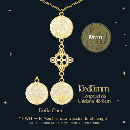 Collar Tetragramatón con Nudo de Bruja y Medalla de San Benito, Acero Inoxidable✨ Amuleto de Protección y Energía Positiva en Acero Inoxidable