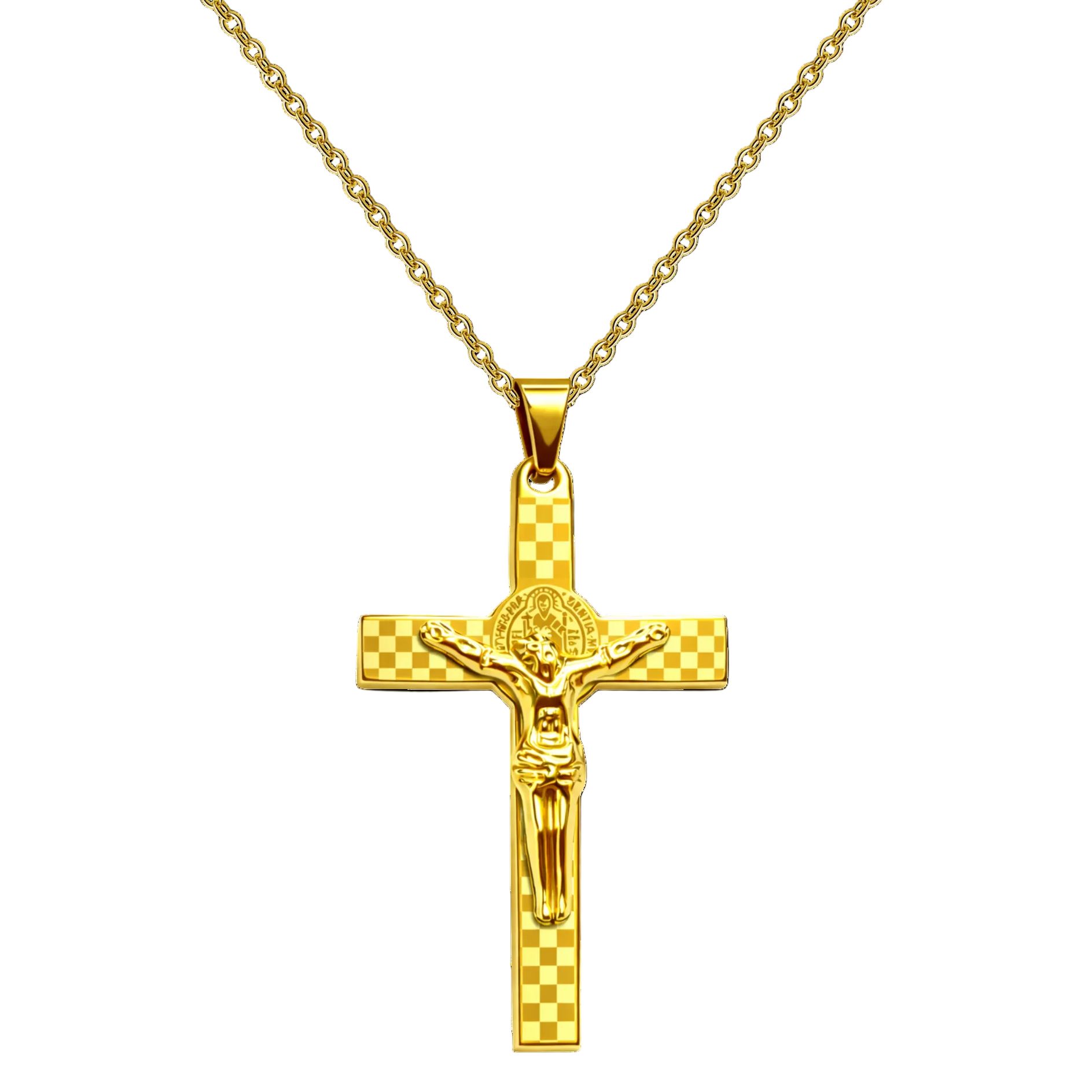Cruz religiosa con Jesús crucificado en collar dorado con relieve devocional