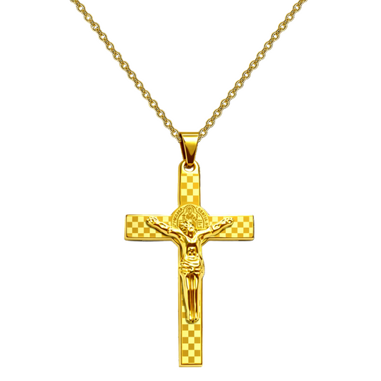 Collar Cruz con Jesús crucificado en Acero Dorado
