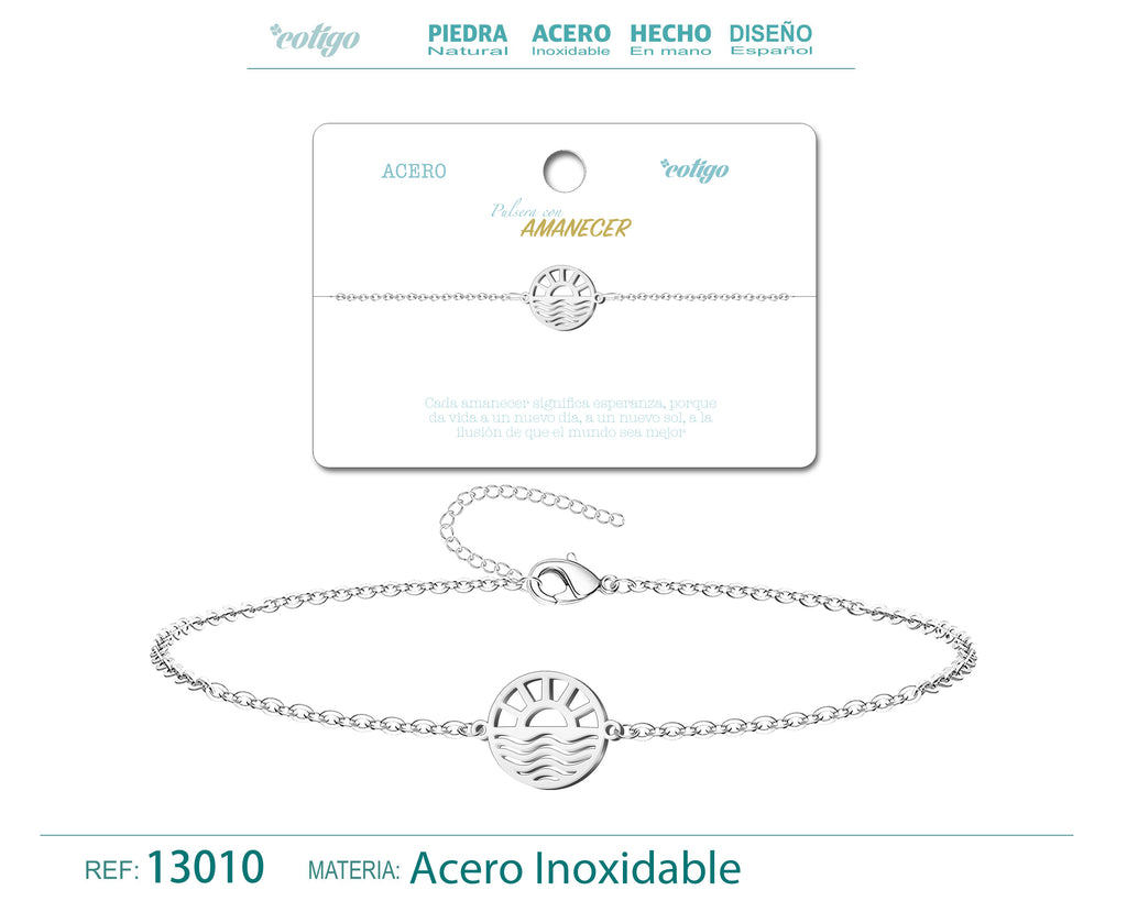 Pulsera Amanecer en Acero Inoxidable en acabado plateado – vista principal del diseño amanecer