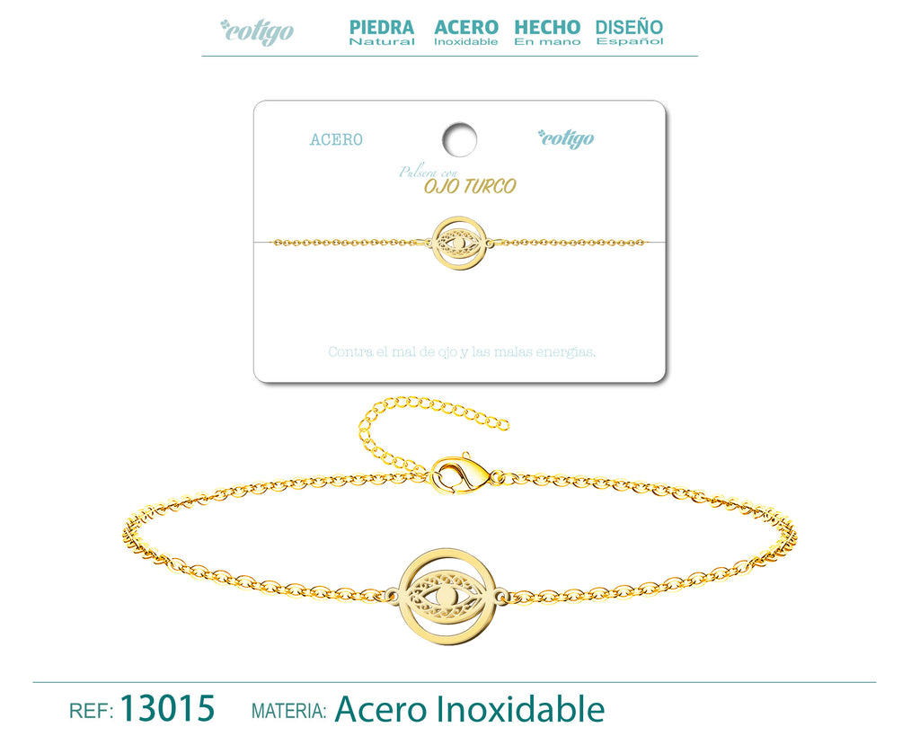 Pulsera Ojo Turco en Medallón de Acero Inoxidable – vista principal del diseño ojo turco en medallón de acero inoxidable