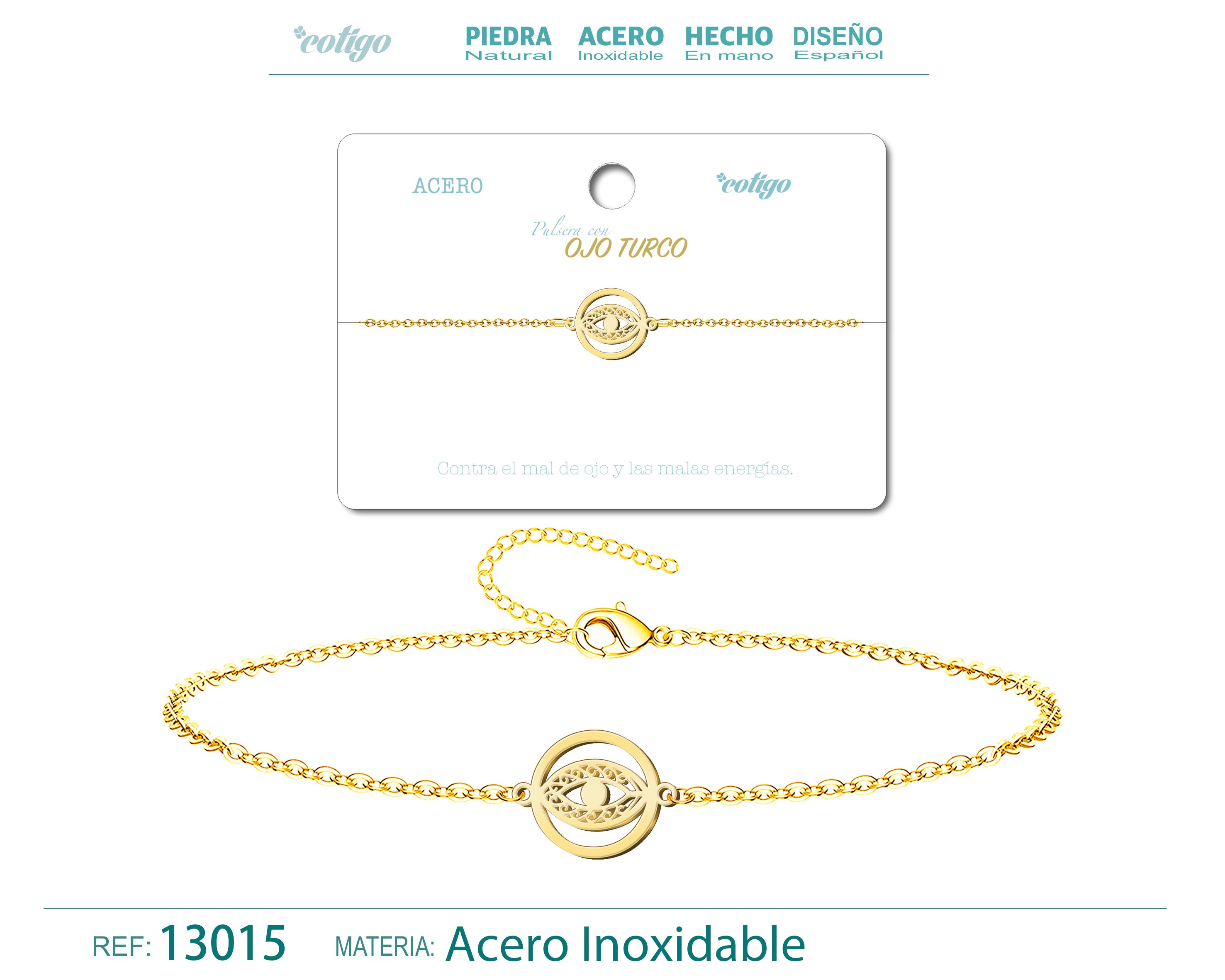 Pulsera Ojo Turco en Medallón de Acero Inoxidable – vista principal del diseño ojo turco en medallón de acero inoxidable