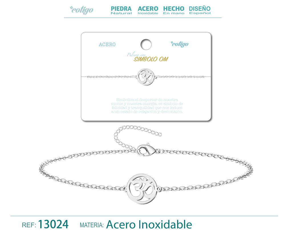 Pulsera Símbolo Om en Acero Inoxidable en acabado plateado – vista principal del diseño símbolo om
