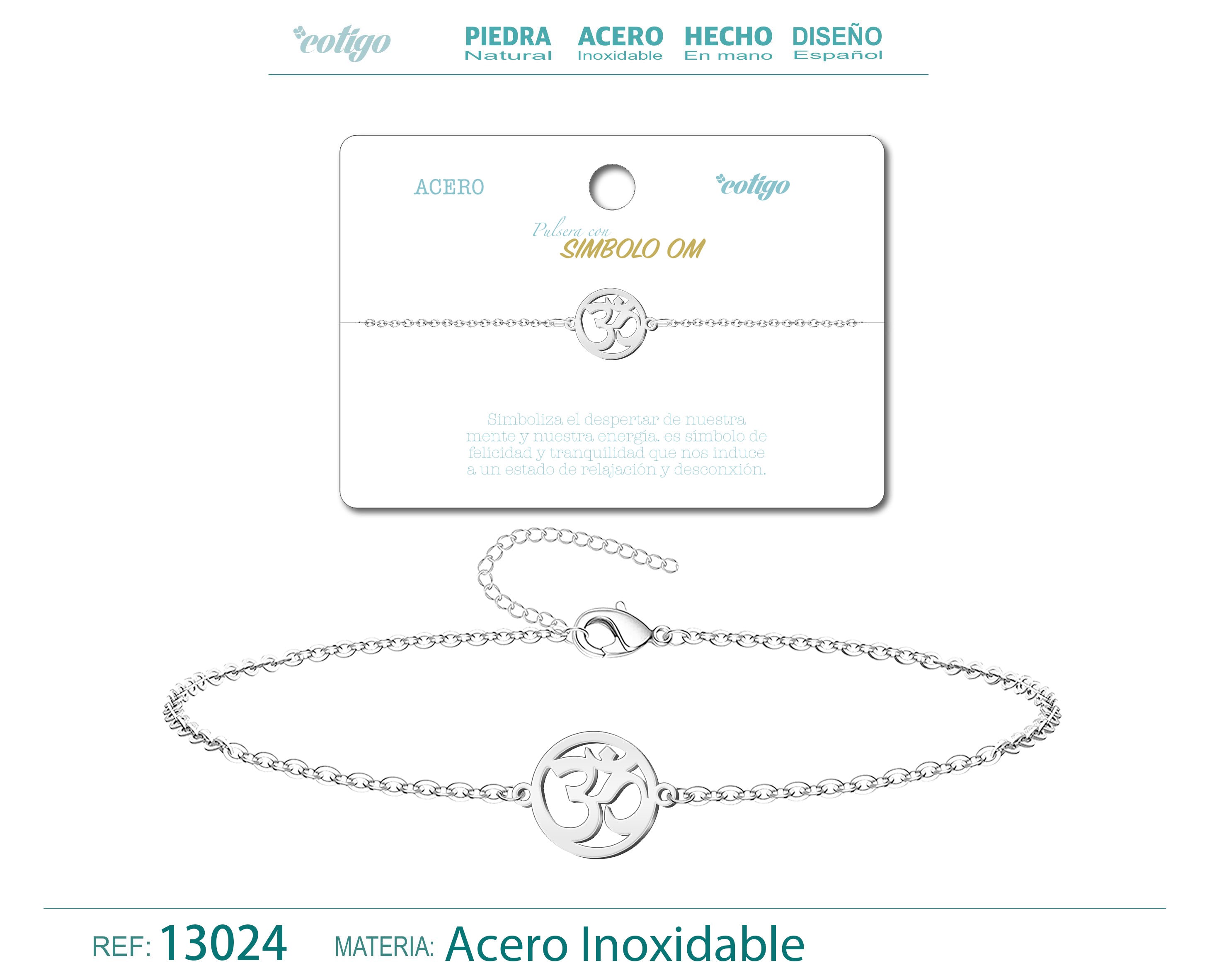 Pulsera Símbolo Om en Acero Inoxidable en acabado plateado – vista principal del diseño símbolo om