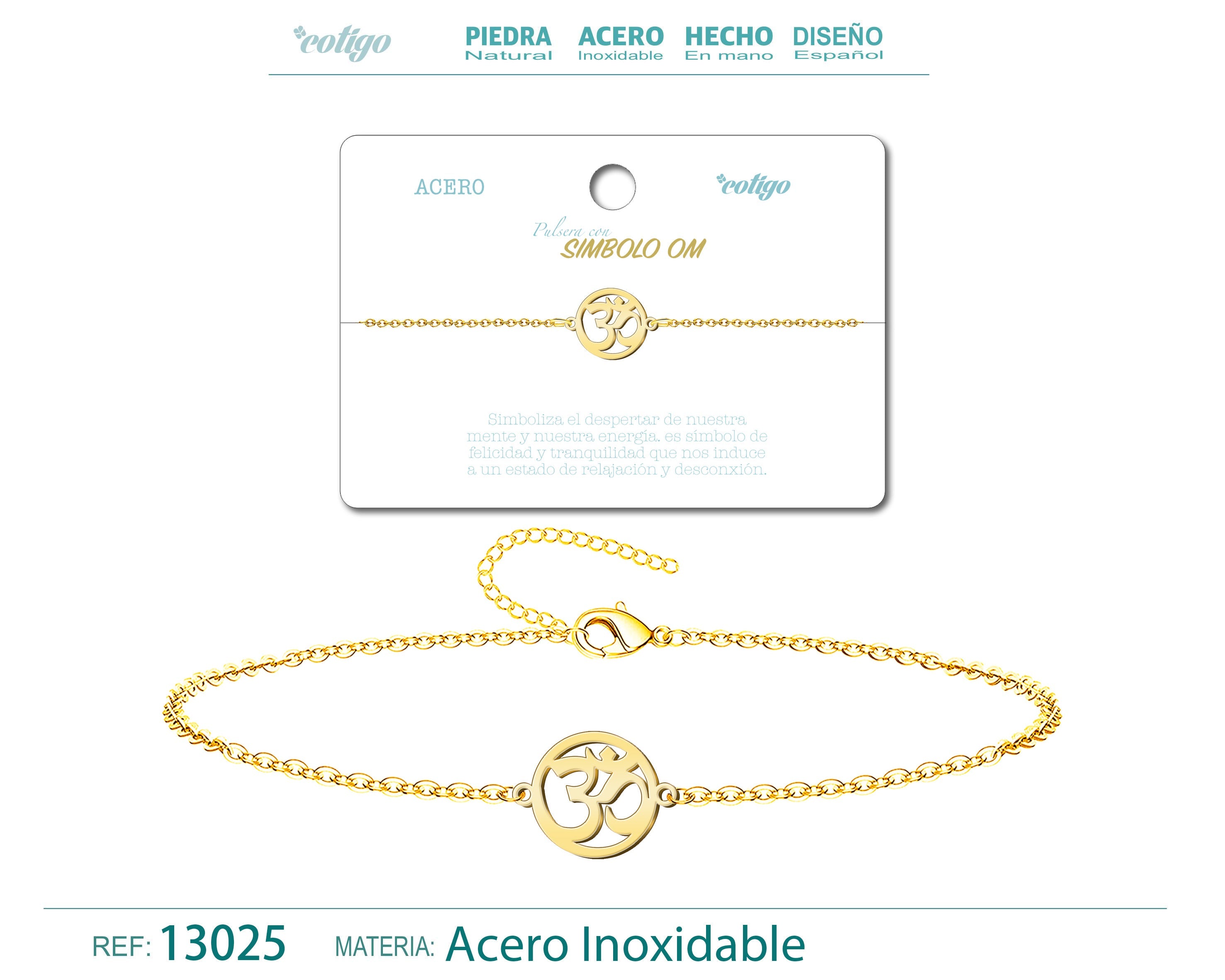 Pulsera Símbolo Om en Acero Inoxidable en acabado dorado – vista principal del diseño símbolo om