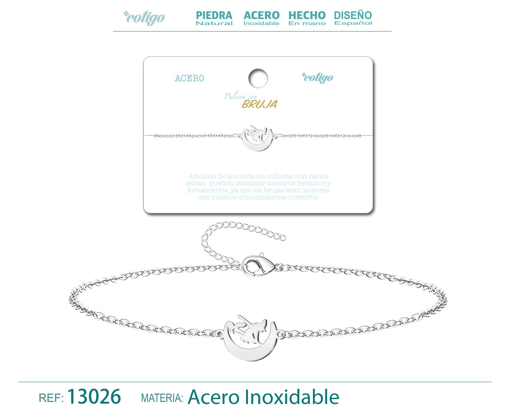 Pulsera Bruja en Acero Inoxidable en acabado plateado – vista principal del diseño bruja