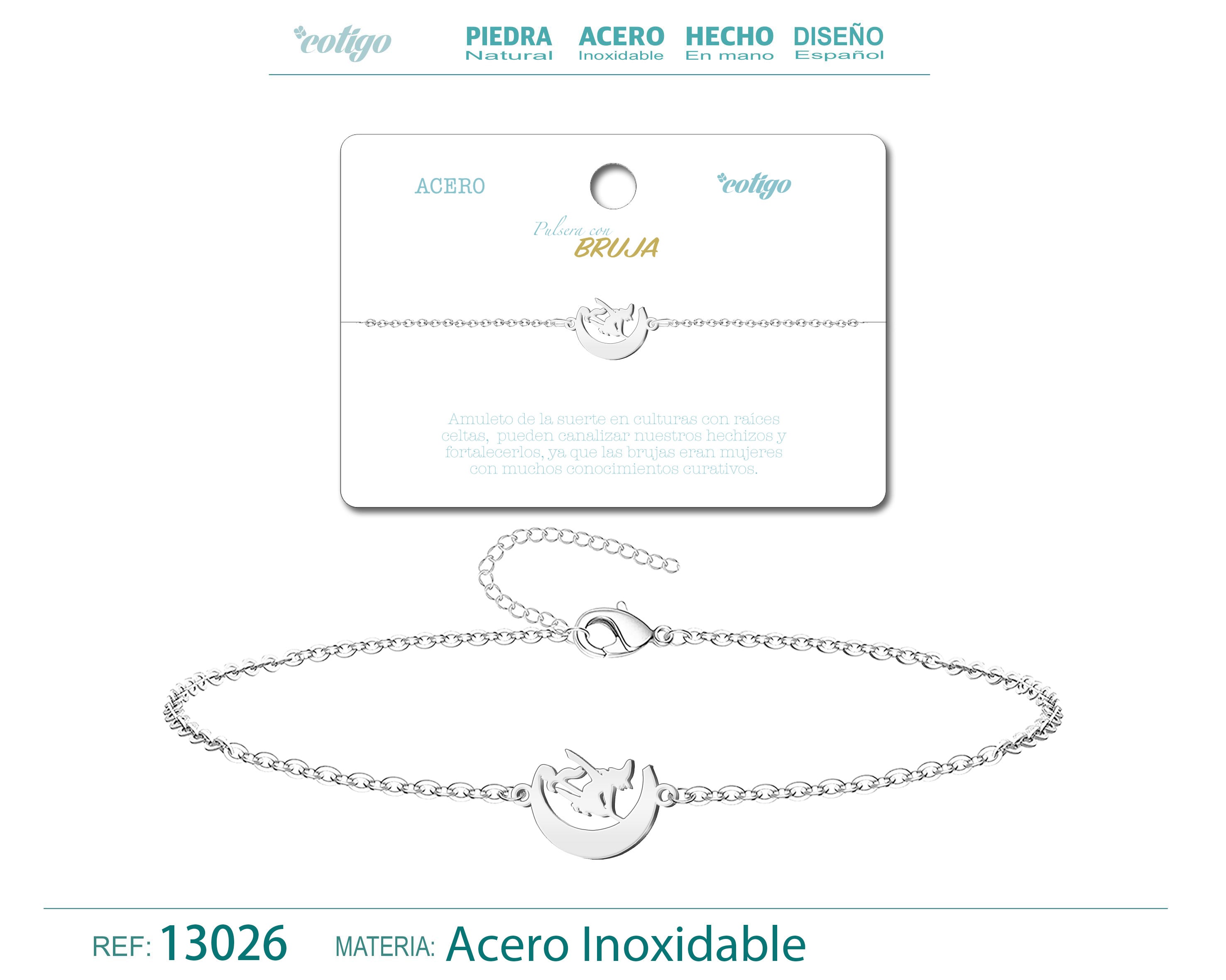 Pulsera Bruja en Acero Inoxidable en acabado plateado – vista principal del diseño bruja