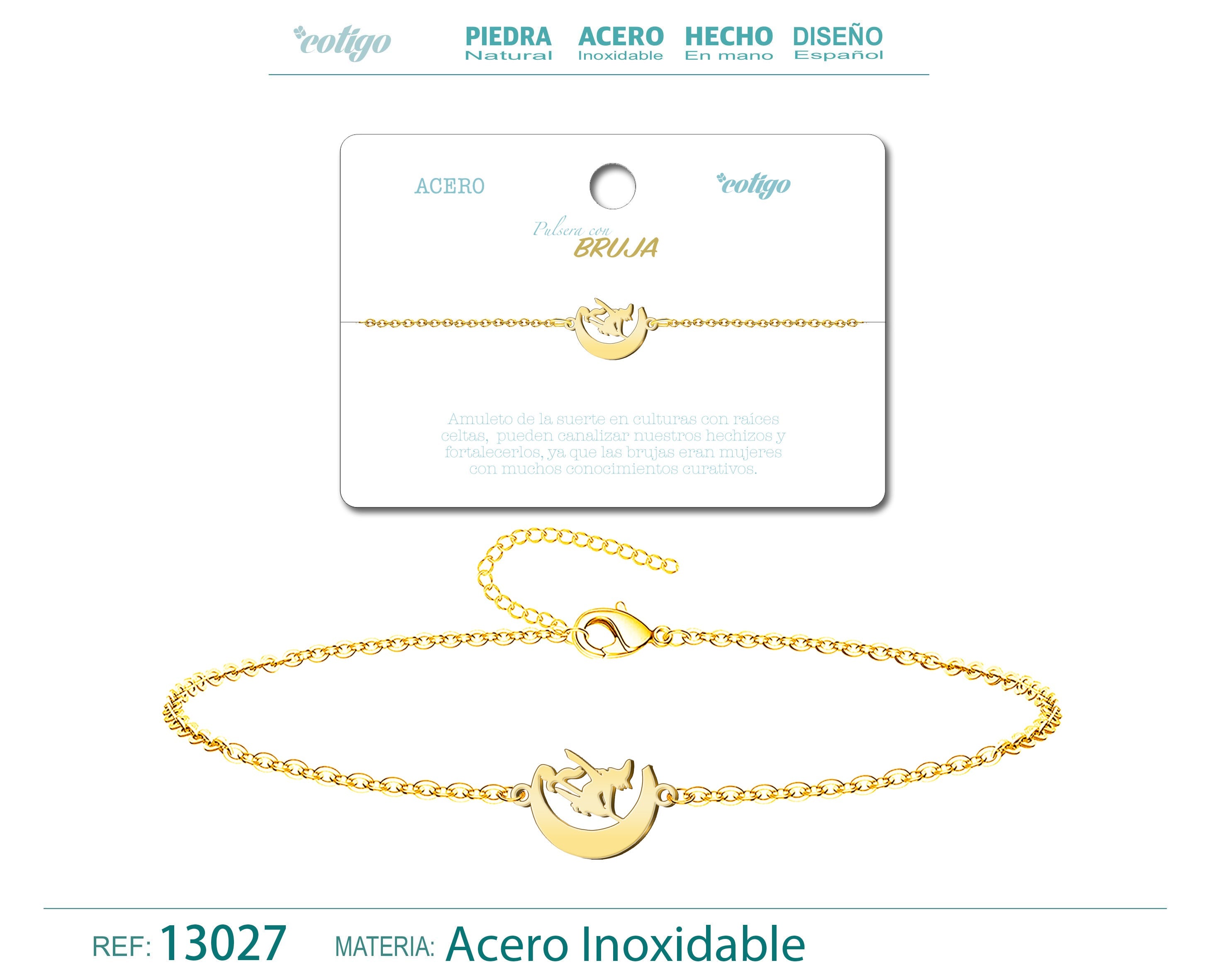Pulsera Bruja en Acero Inoxidable en acabado dorado – vista principal del diseño bruja
