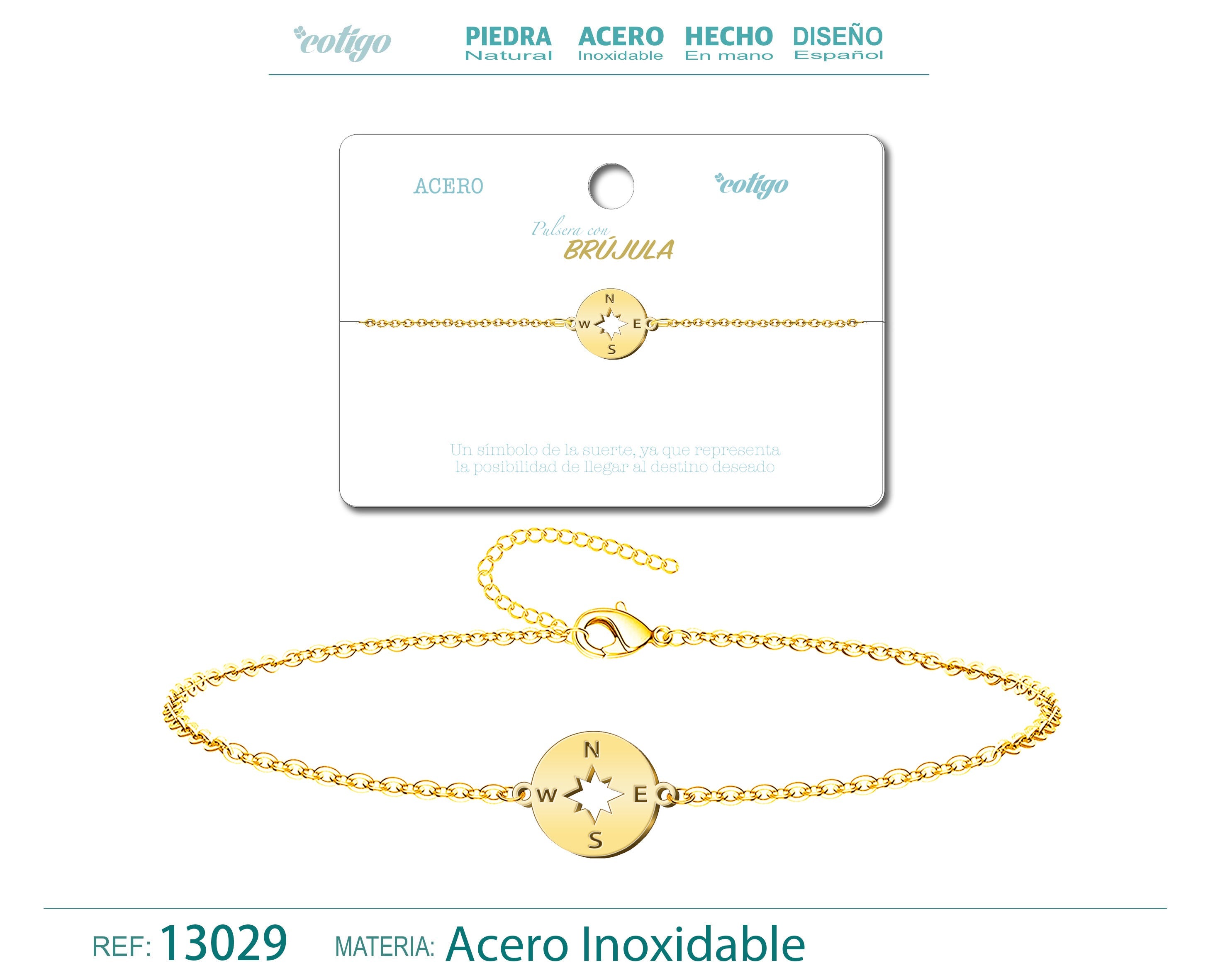 Pulsera Brújula en Acero Inoxidable en acabado dorado – vista principal del diseño brújula