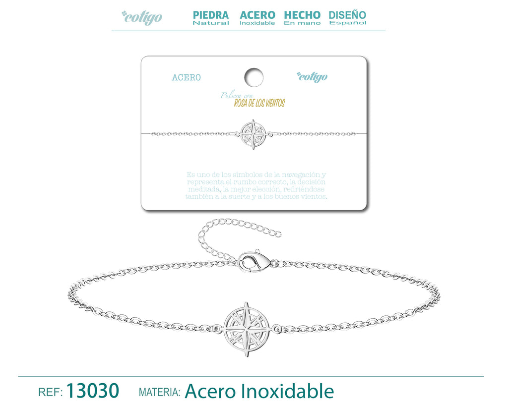 Pulsera Rosa de los Vientos en Acero Inoxidable en acabado plateado – vista principal del diseño rosa de los vientos