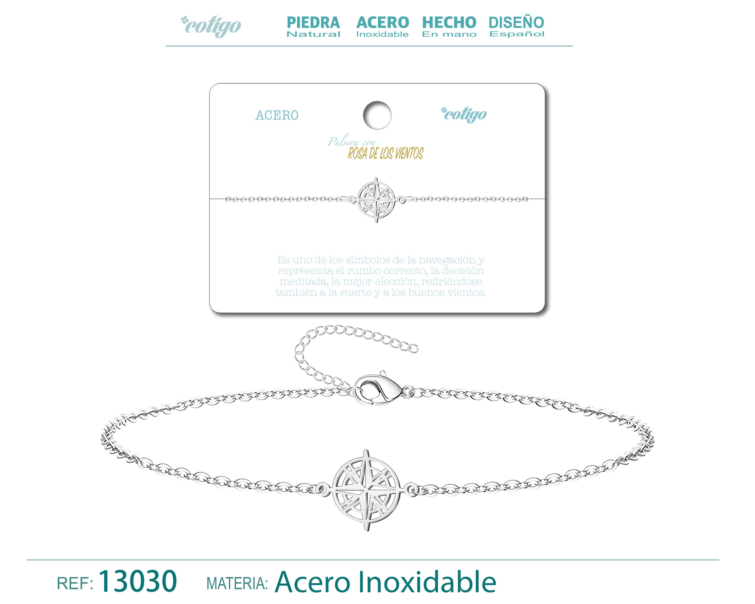 Pulsera Rosa de los Vientos en Acero Inoxidable en acabado plateado – vista principal del diseño rosa de los vientos