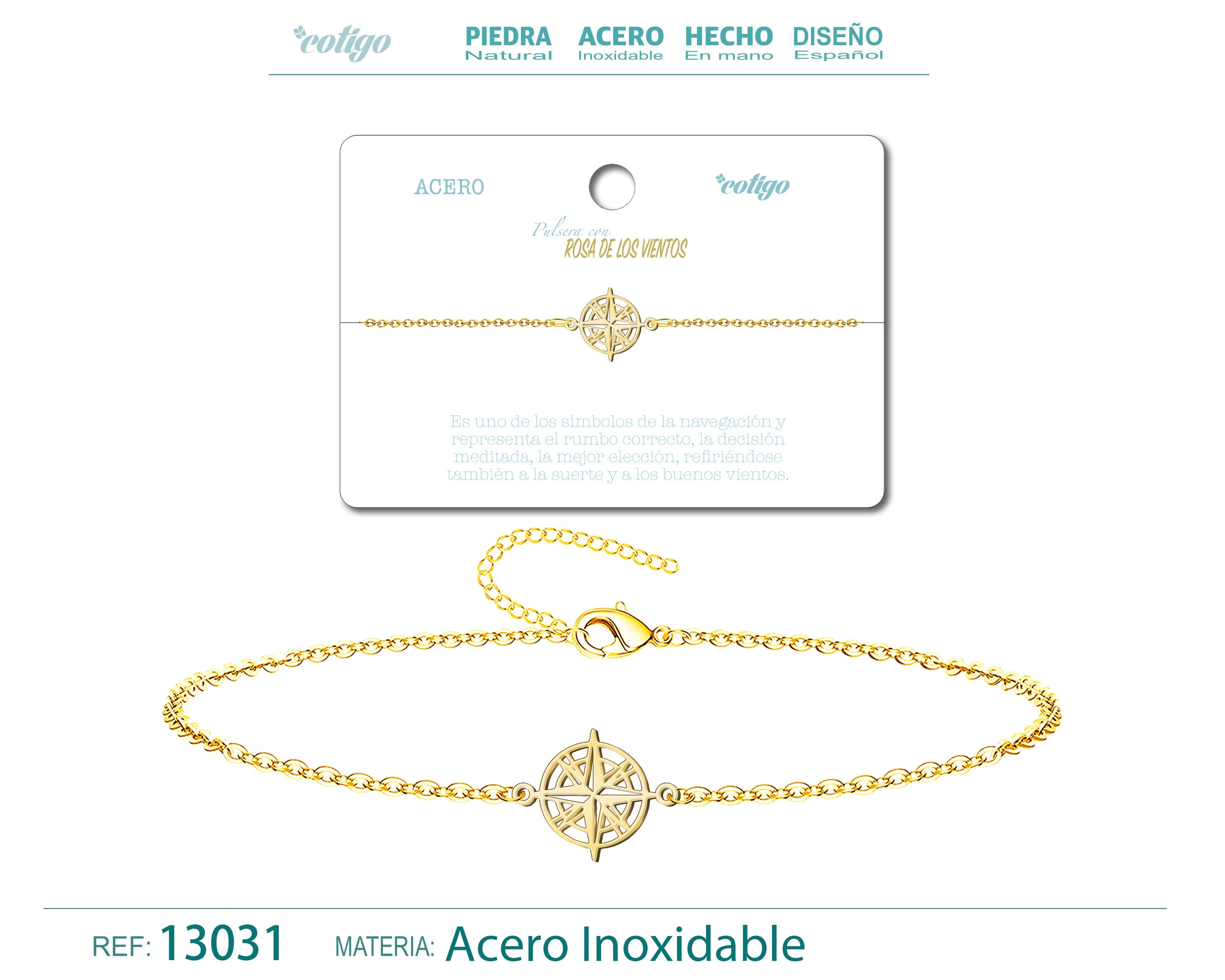 Pulsera Rosa de los Vientos en Acero Inoxidable en acabado dorado – vista principal del diseño rosa de los vientos