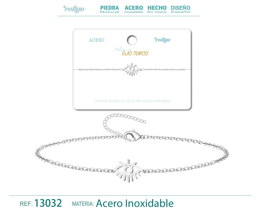 Pulsera con Ojo Turco y Rayos en Acero Inoxidable en acabado plateado – vista principal del diseño ojo turco y rayos