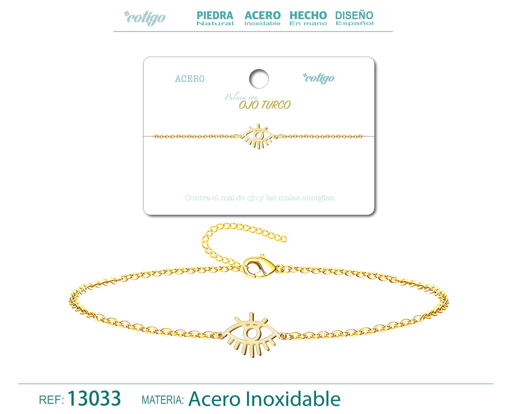 Pulsera con Ojo Turco y Rayos en Acero Inoxidable en acabado dorado – vista principal del diseño ojo turco y rayos
