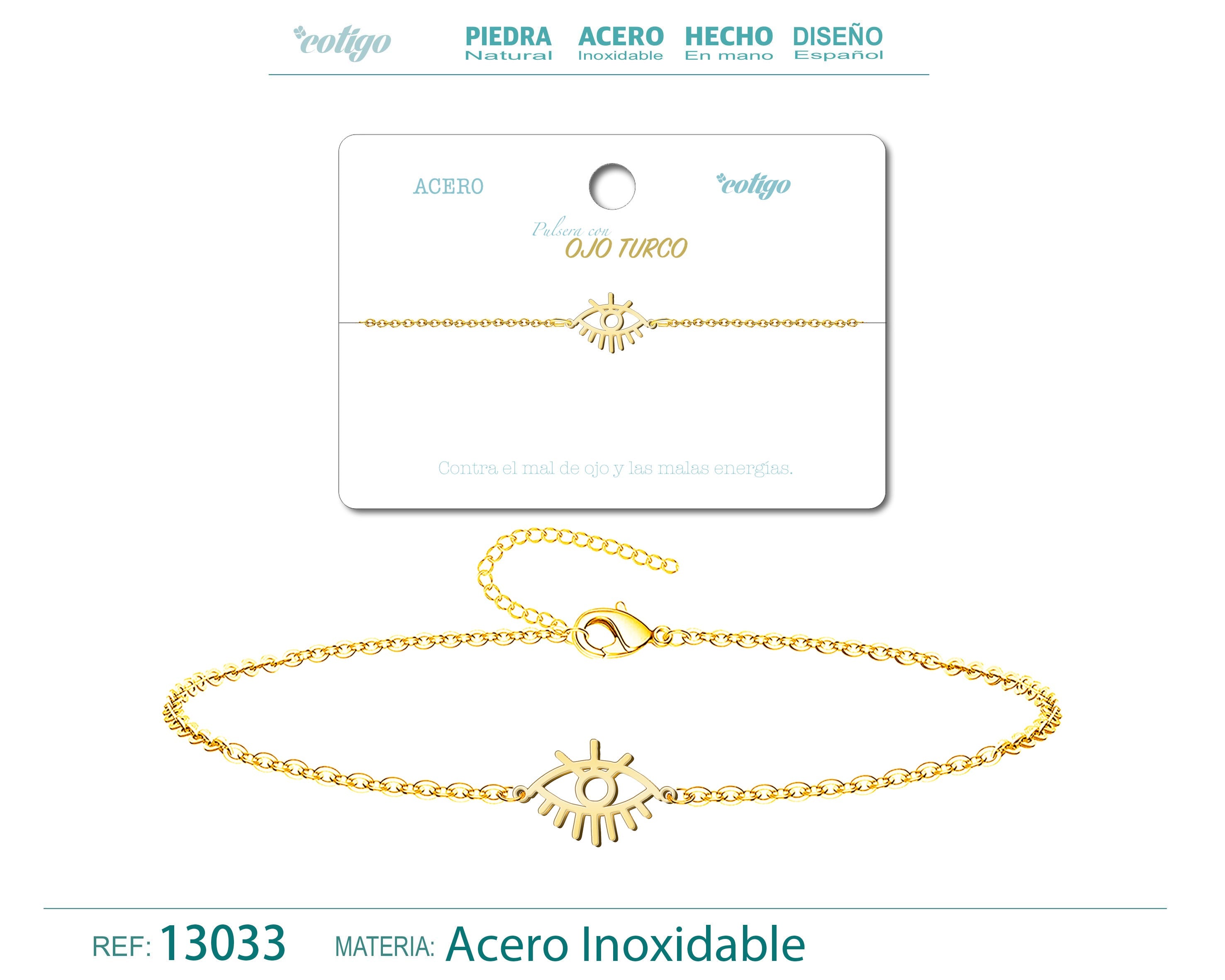 Pulsera con Ojo Turco y Rayos en Acero Inoxidable en acabado dorado – vista principal del diseño ojo turco y rayos