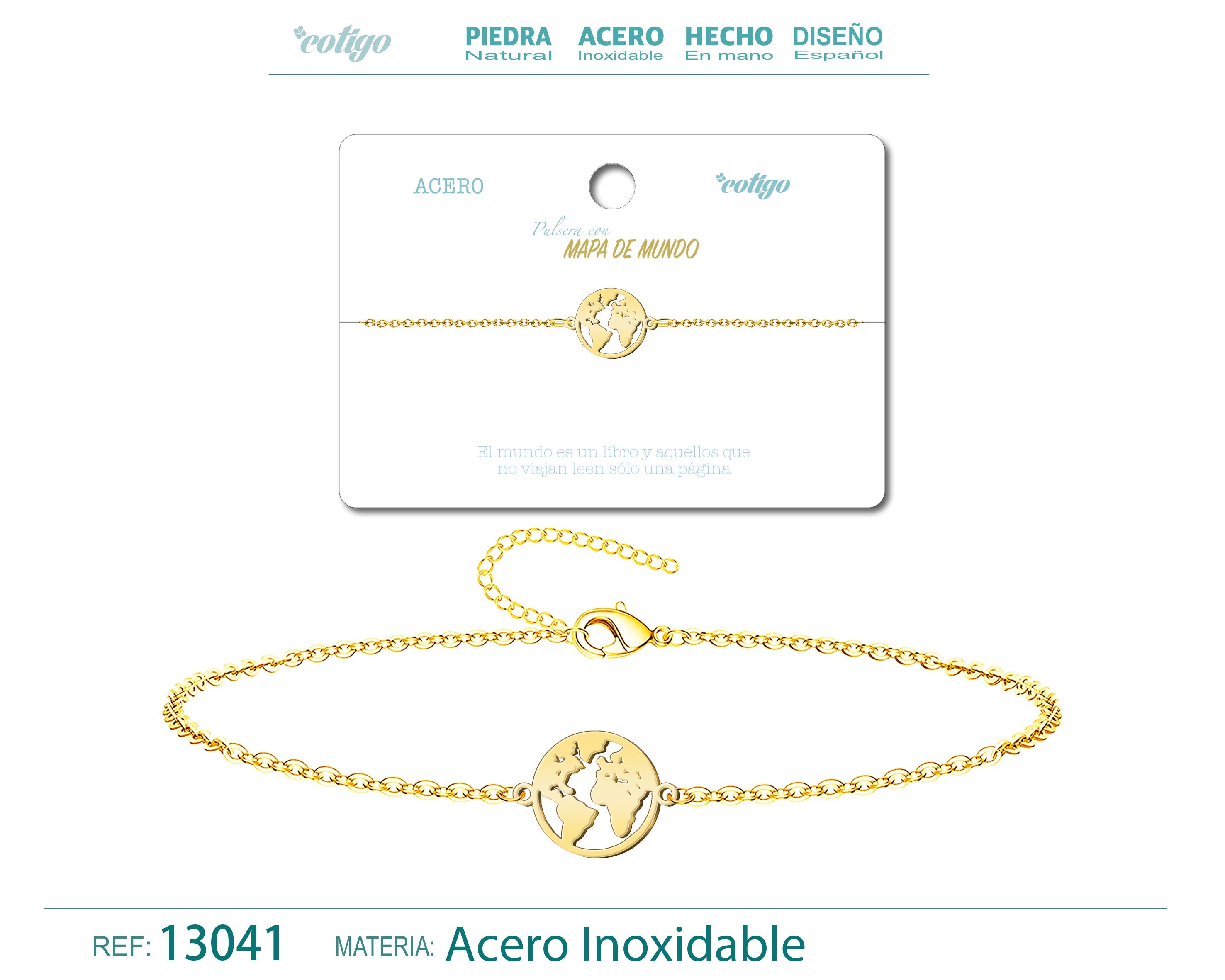 Pulsera Mapa del Mundo en Acero Inoxidable en acabado dorado – vista principal del diseño mapa del mundo