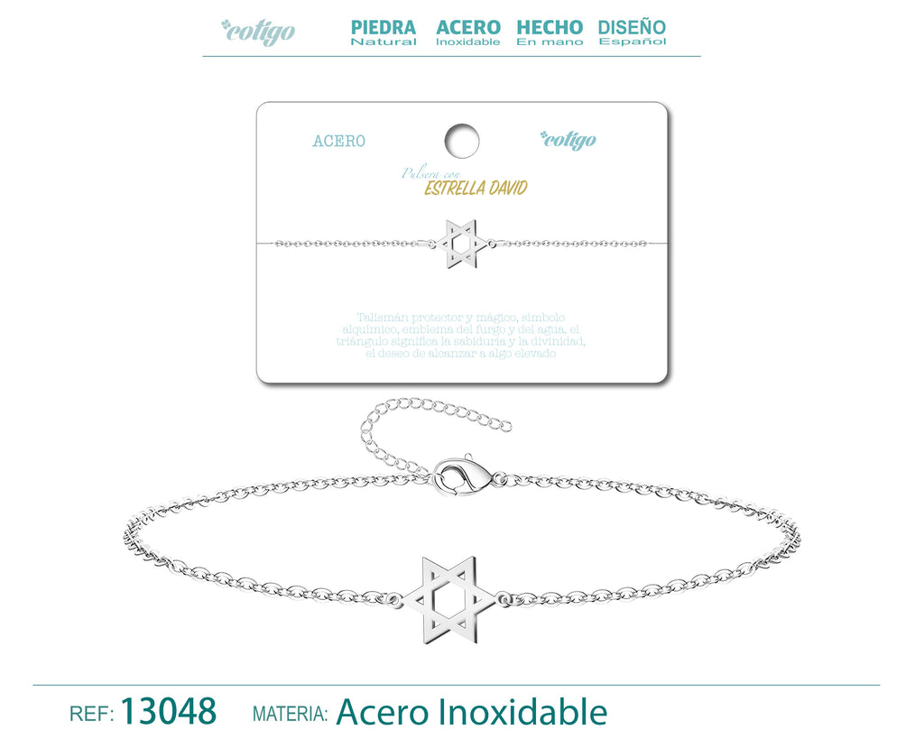 Pulsera Estrella de David en Acero Inoxidable en acabado plateado – vista principal del diseño estrella de david