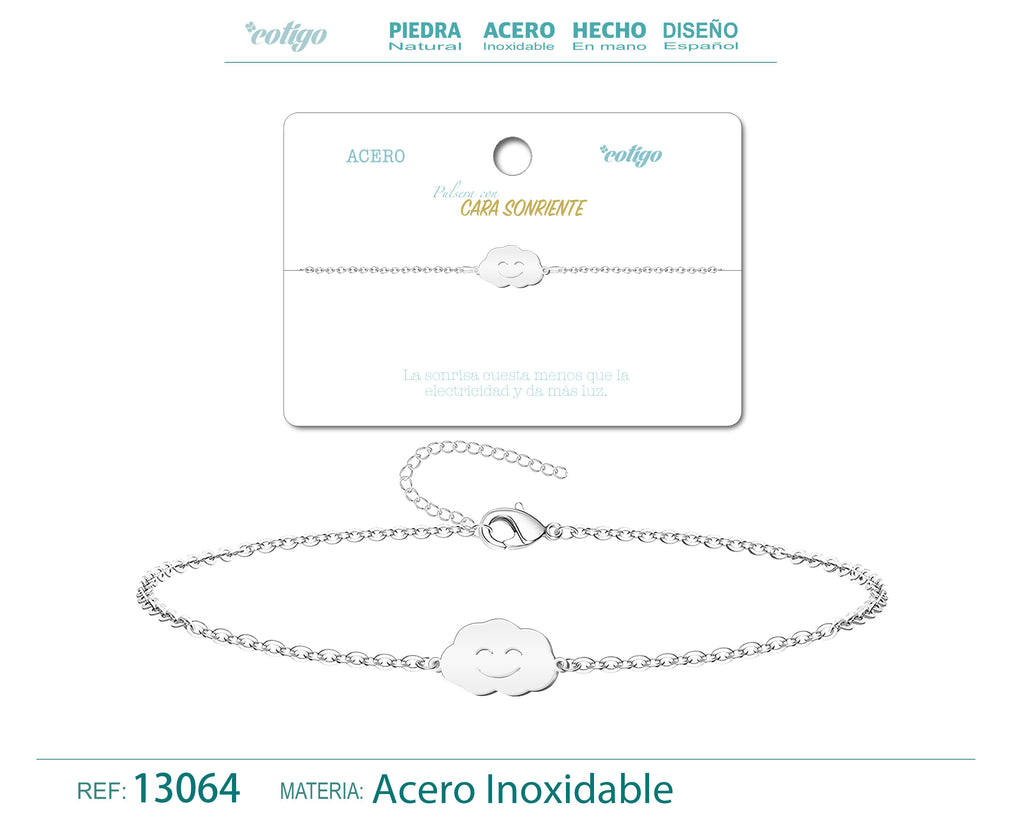 Pulsera Cara Sonriente en Acero Inoxidable en acabado plateado – vista principal del diseño cara sonriente