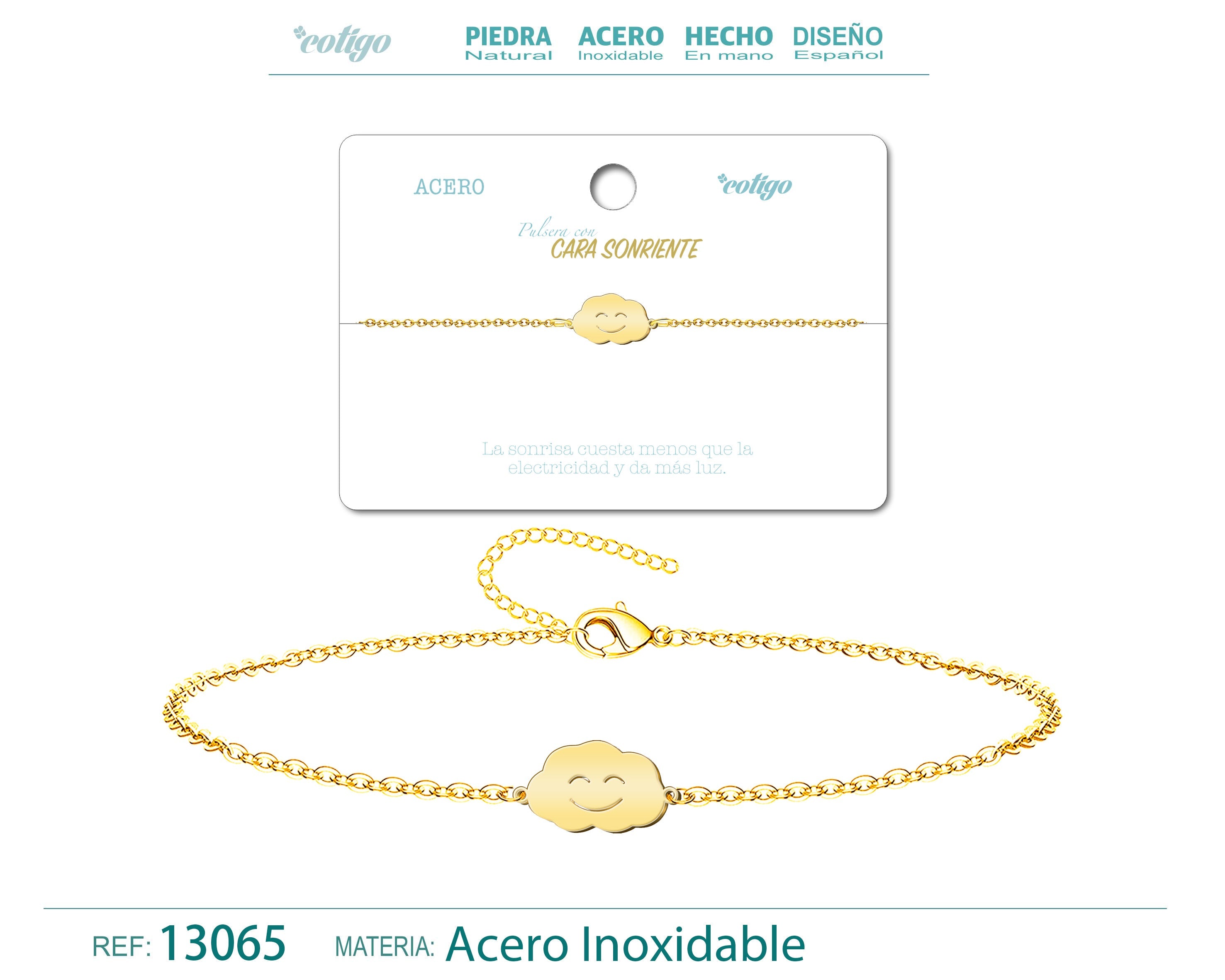 Pulsera Cara Sonriente en Acero Inoxidable en acabado dorado – vista principal del diseño cara sonriente