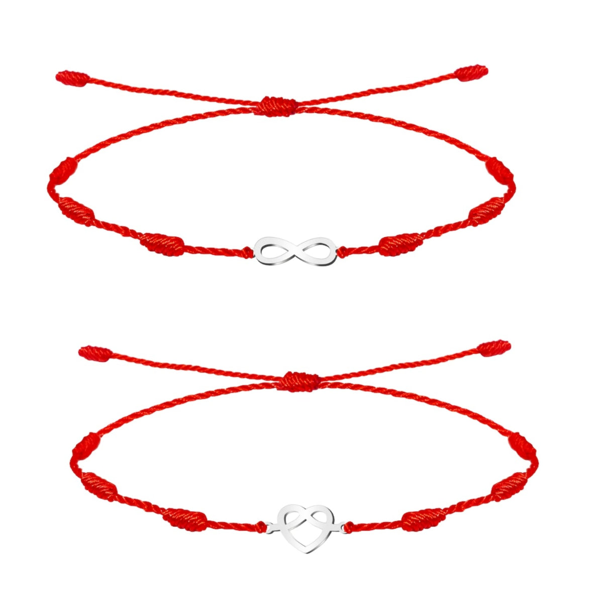 Pack de dos pulseras de hilo rojo de 7 nudos con charms plateados de símbolo de infinito y corazón entrelazado en acero inoxidable, ideal para parejas y amor eterno.