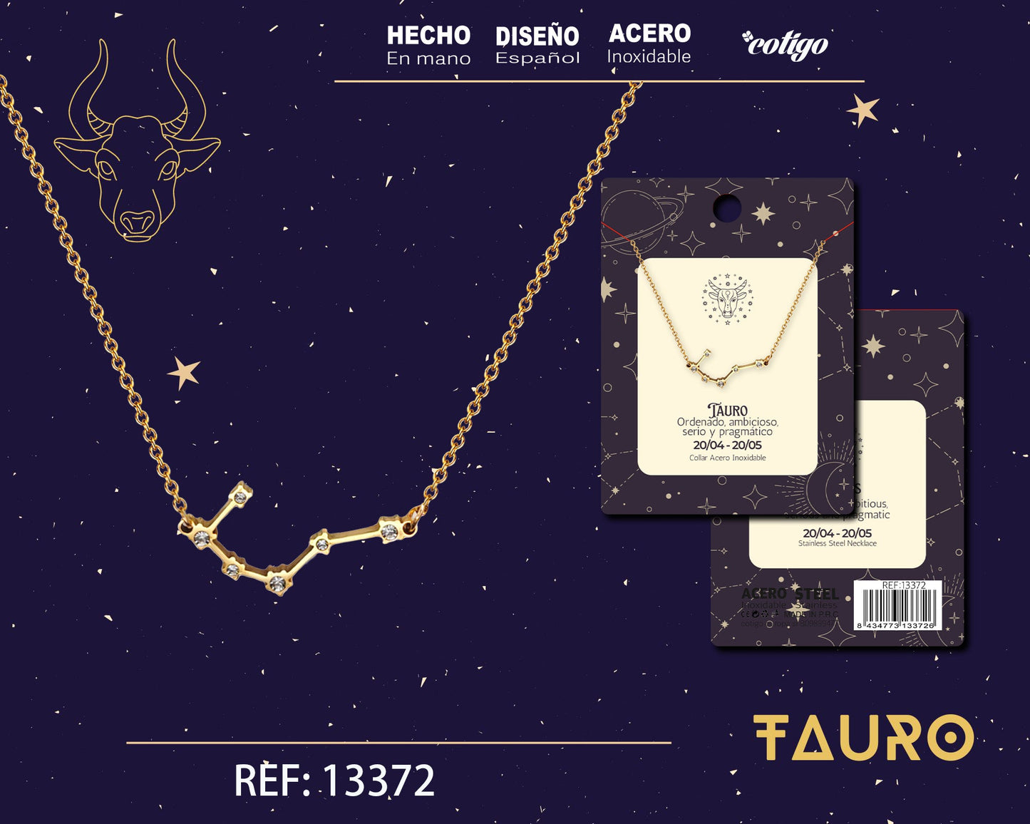 Collar Mapa Estelar del Zodiaco Tauro Dorado con Stras