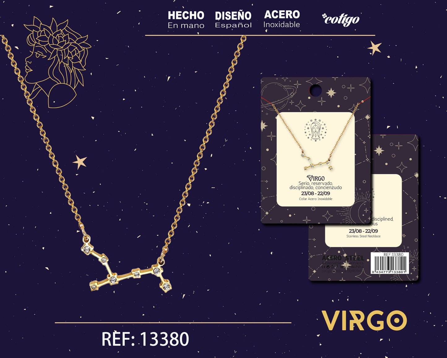 Collar Mapa Estelar del Zodiaco Virgo Dorado con Stras