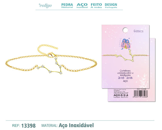 Pulsera Mapa Estelar del Zodiaco Geminis Dorado con Stras