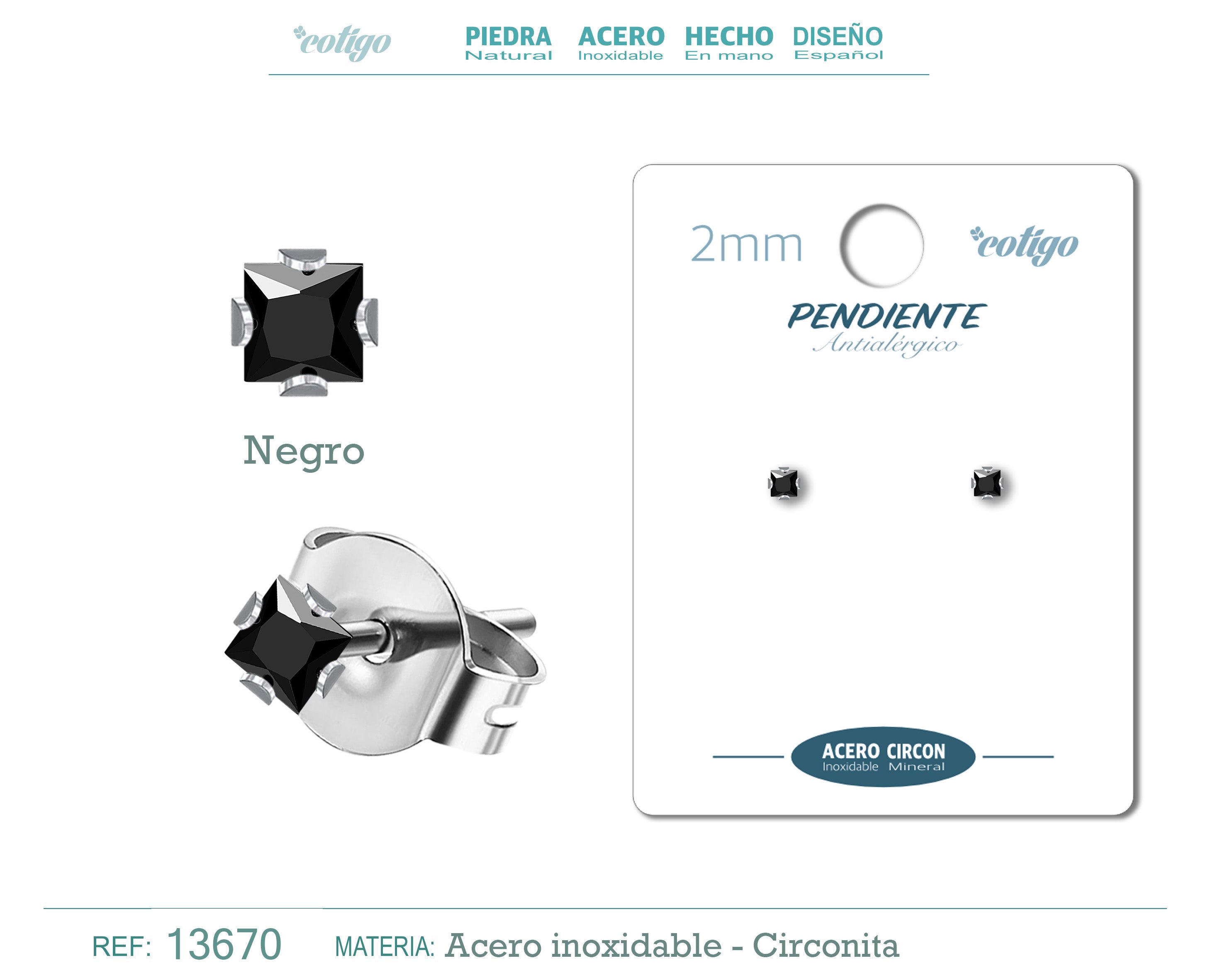 Pendiente Circonita Cuadrado-Negro-2mm-Base Acero Plateado - cotigo