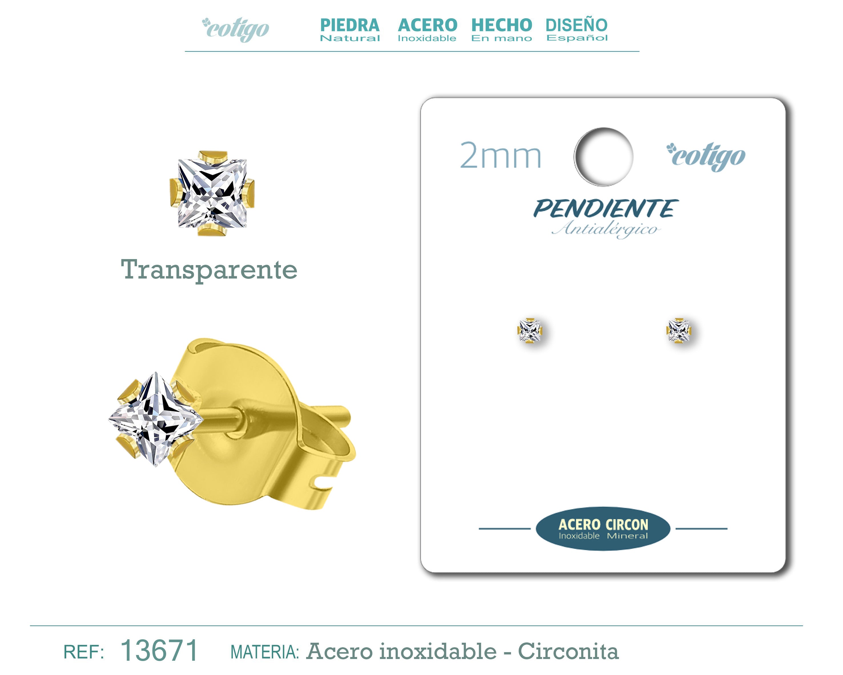 Pendiente Circonita Cuadrado-Transparente-2mm-Base Acero Dorado - cotigo