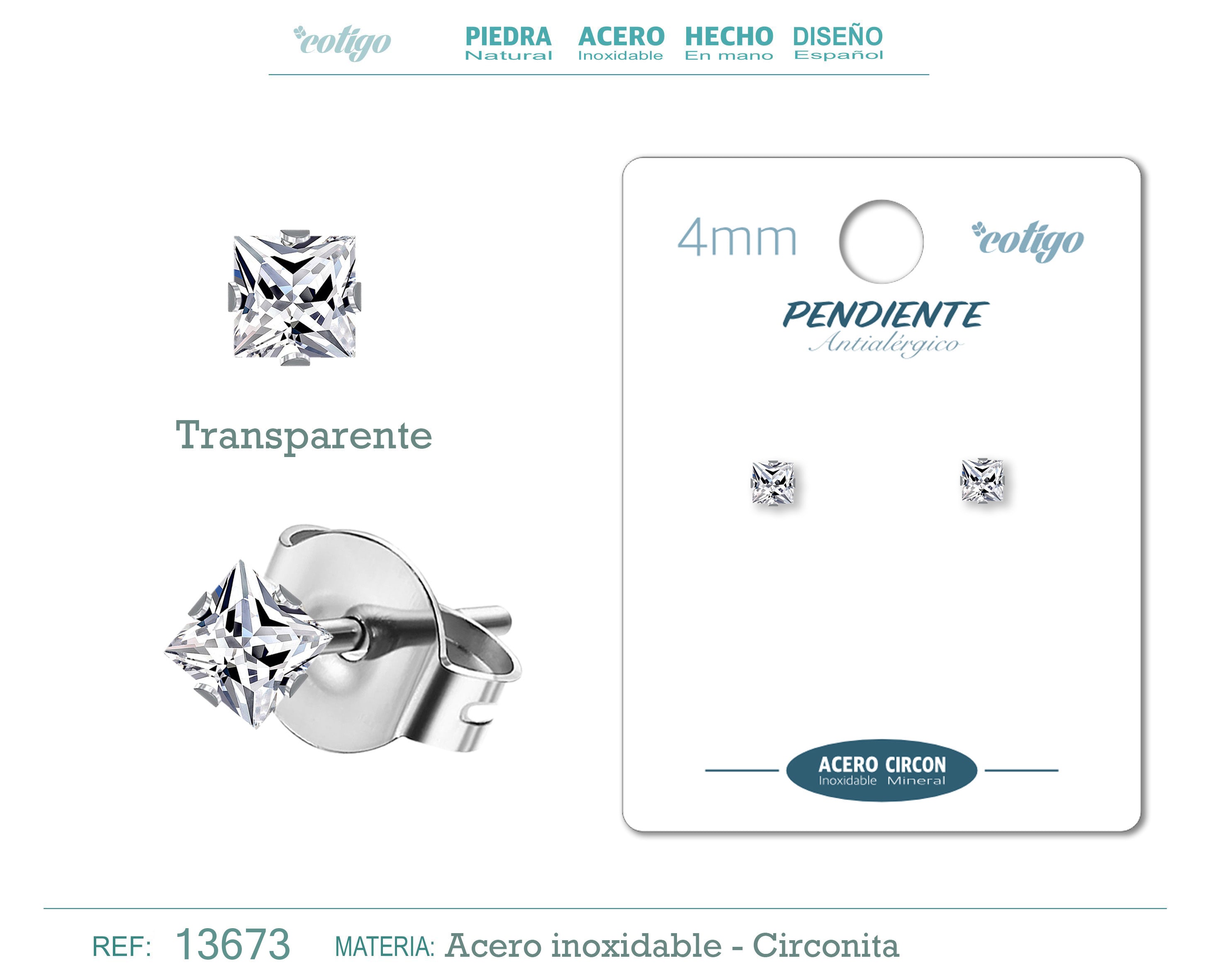 Pendiente Circonita Cuadrado-Transparente-4mm-Base Acero Plateado - cotigo