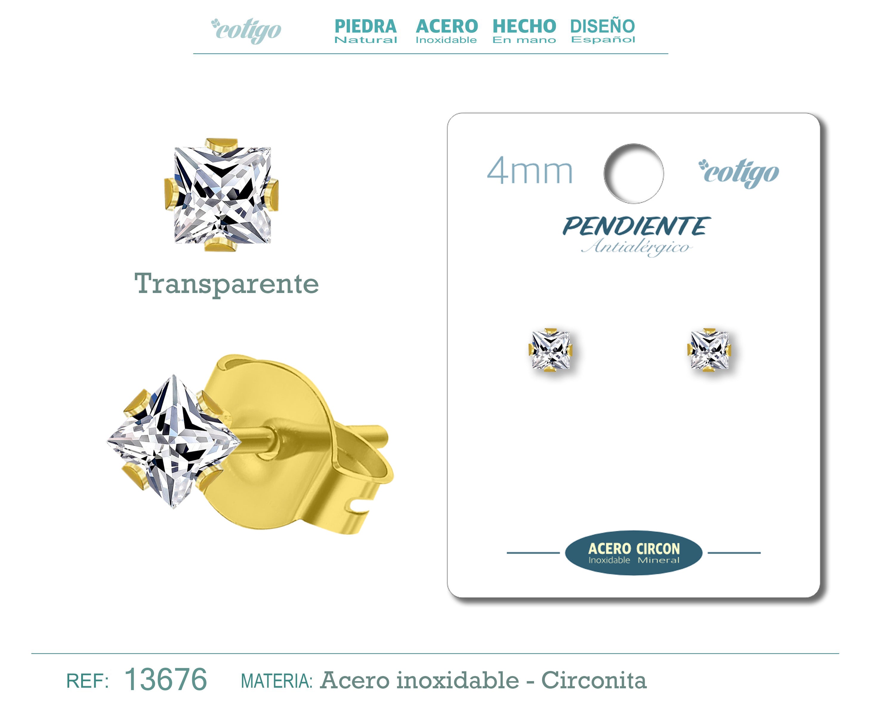 Pendiente Circonita Cuadrado-Transparente-4mm-Base Acero Dorado - cotigo