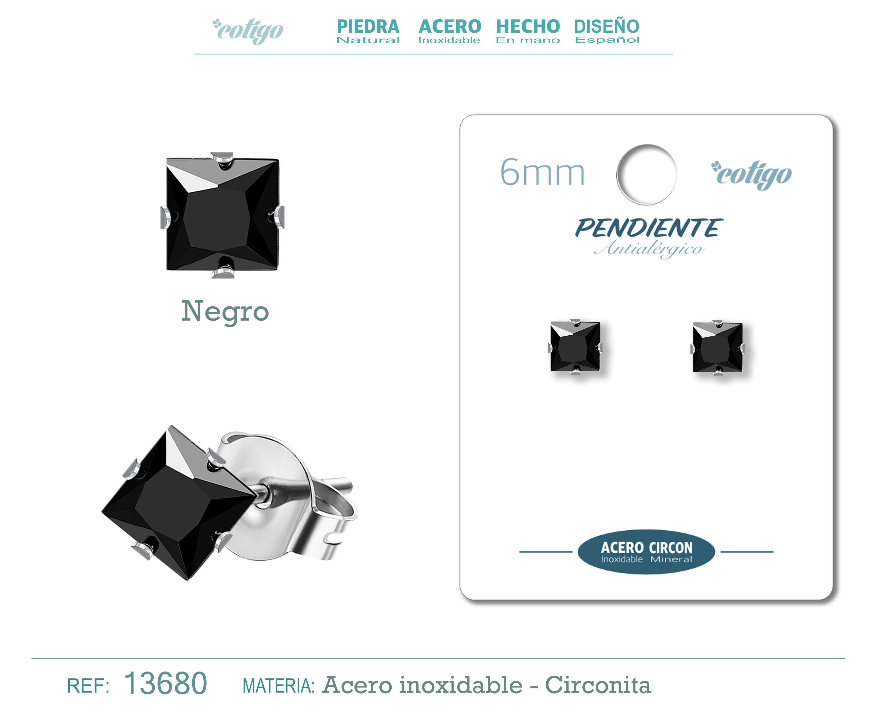 Pendiente Circonita Cuadrado-Negro-6mm-Base Acero Plateado - cotigo