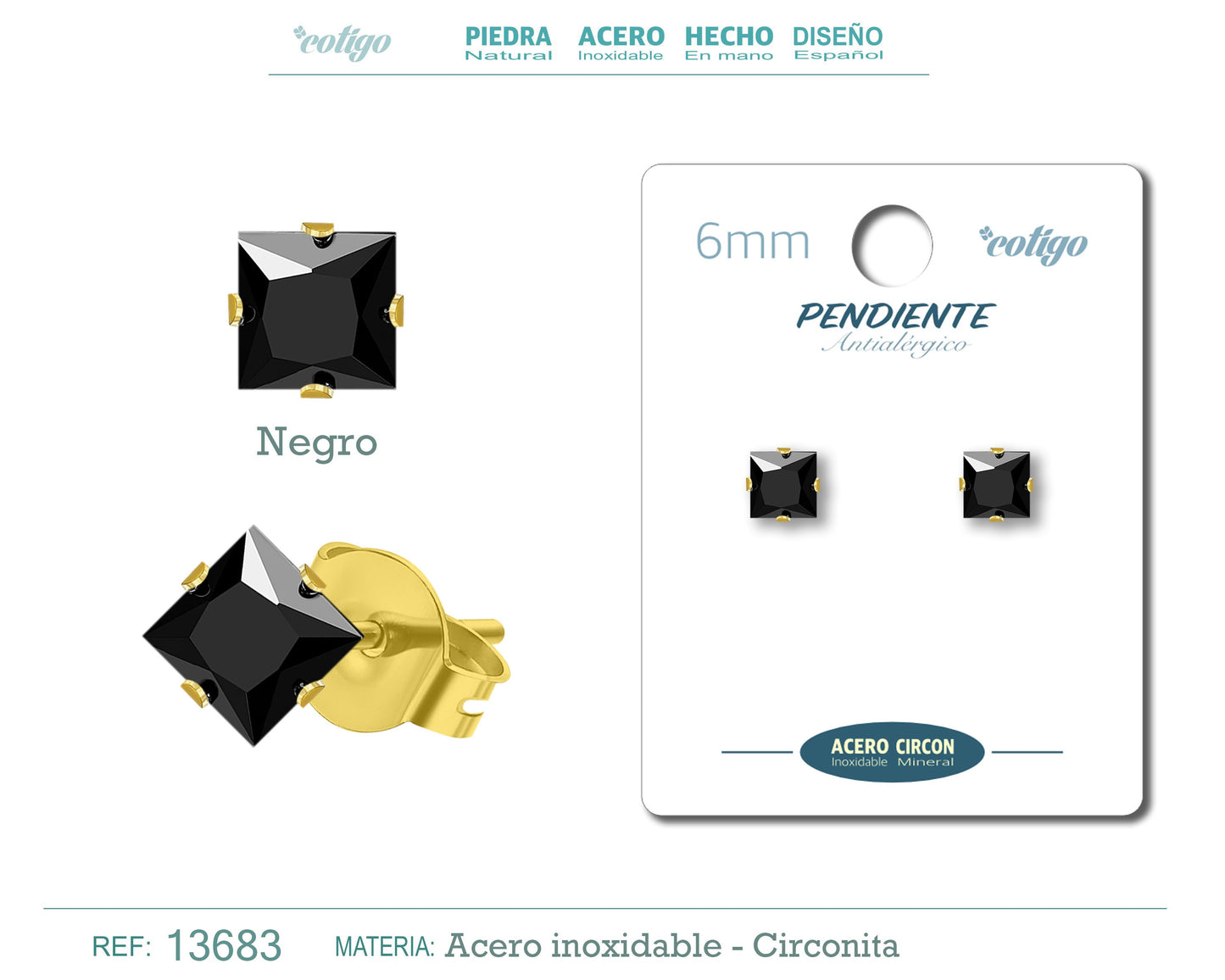 Pendiente Circonita Cuadrado-Negro-6mm-Base Acero Dorado