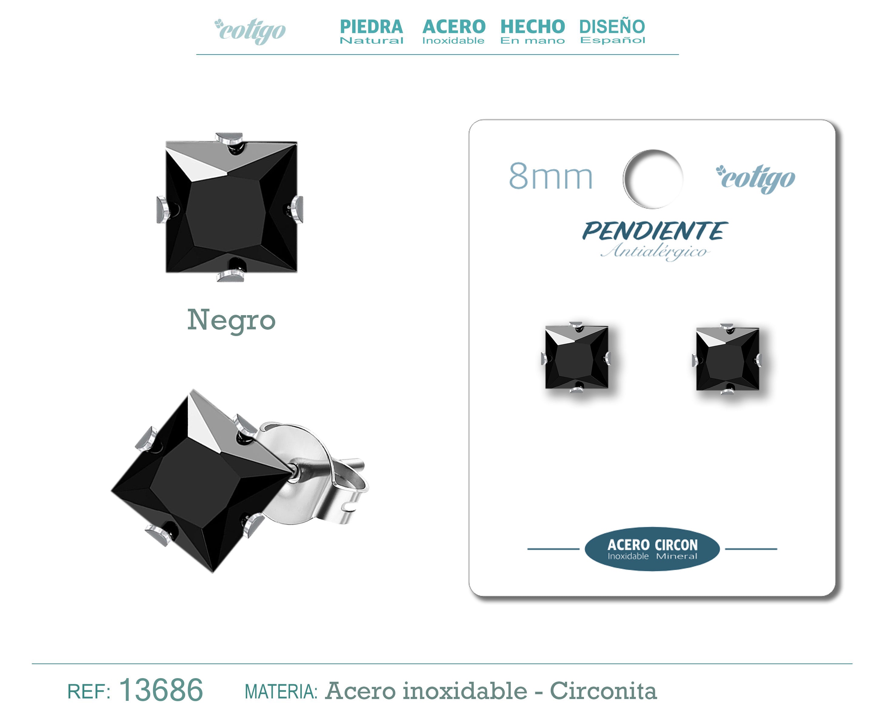 Pendiente Circonita Cuadrado-Negro-8mm-Base Acero Plateado - cotigo