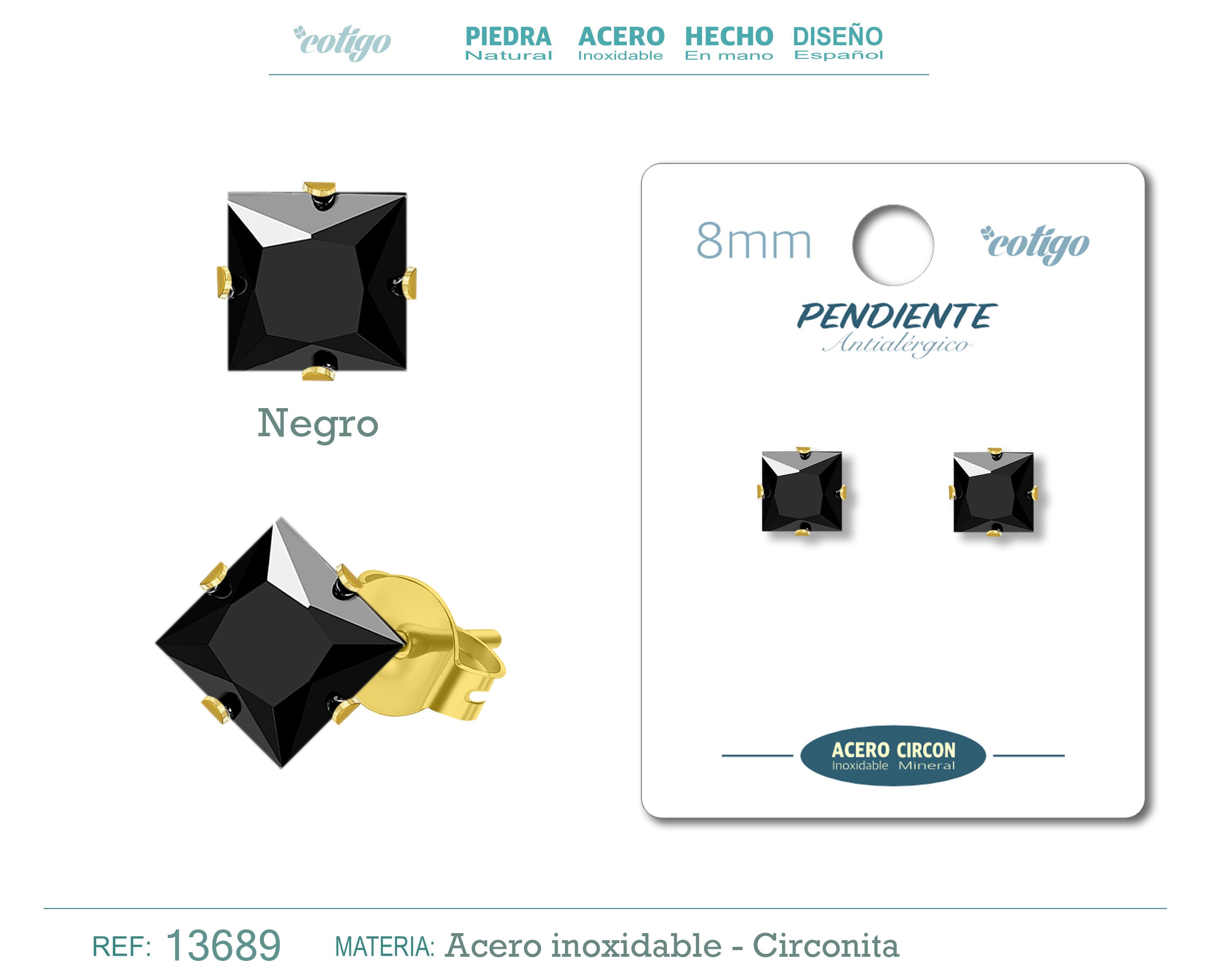 Pendiente Circonita Cuadrado-Negro-8mm-Base Acero Dorado - cotigo