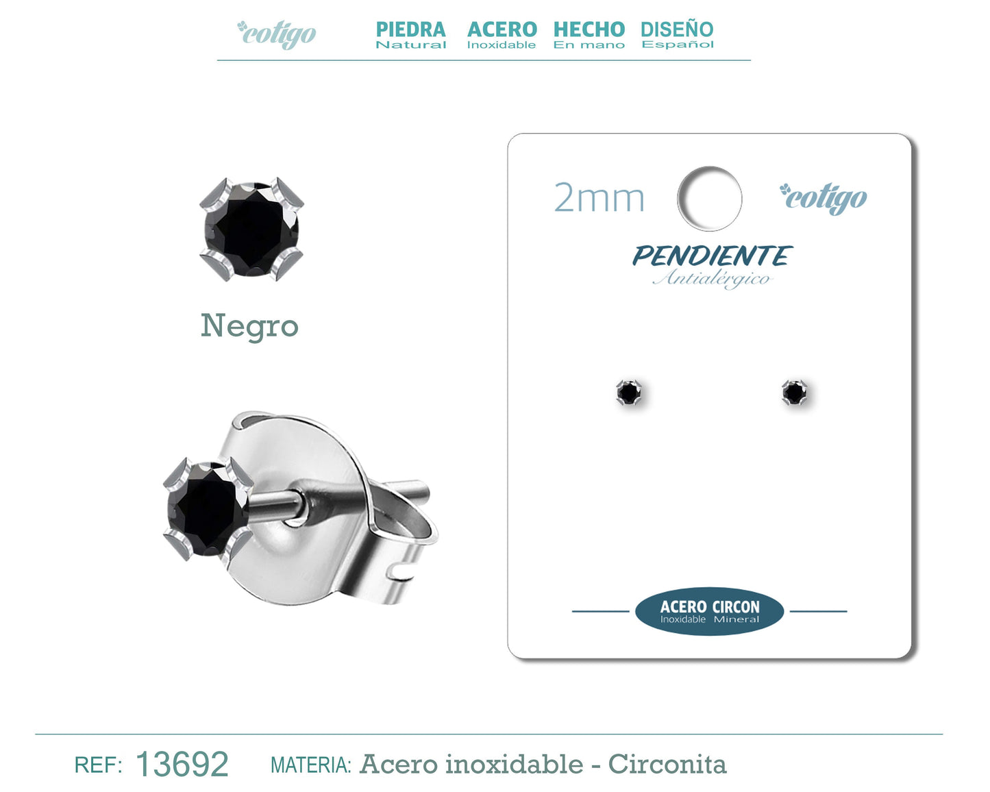 Pendiente Circonita Redondo-Negro-2mm-Base Acero Plateado