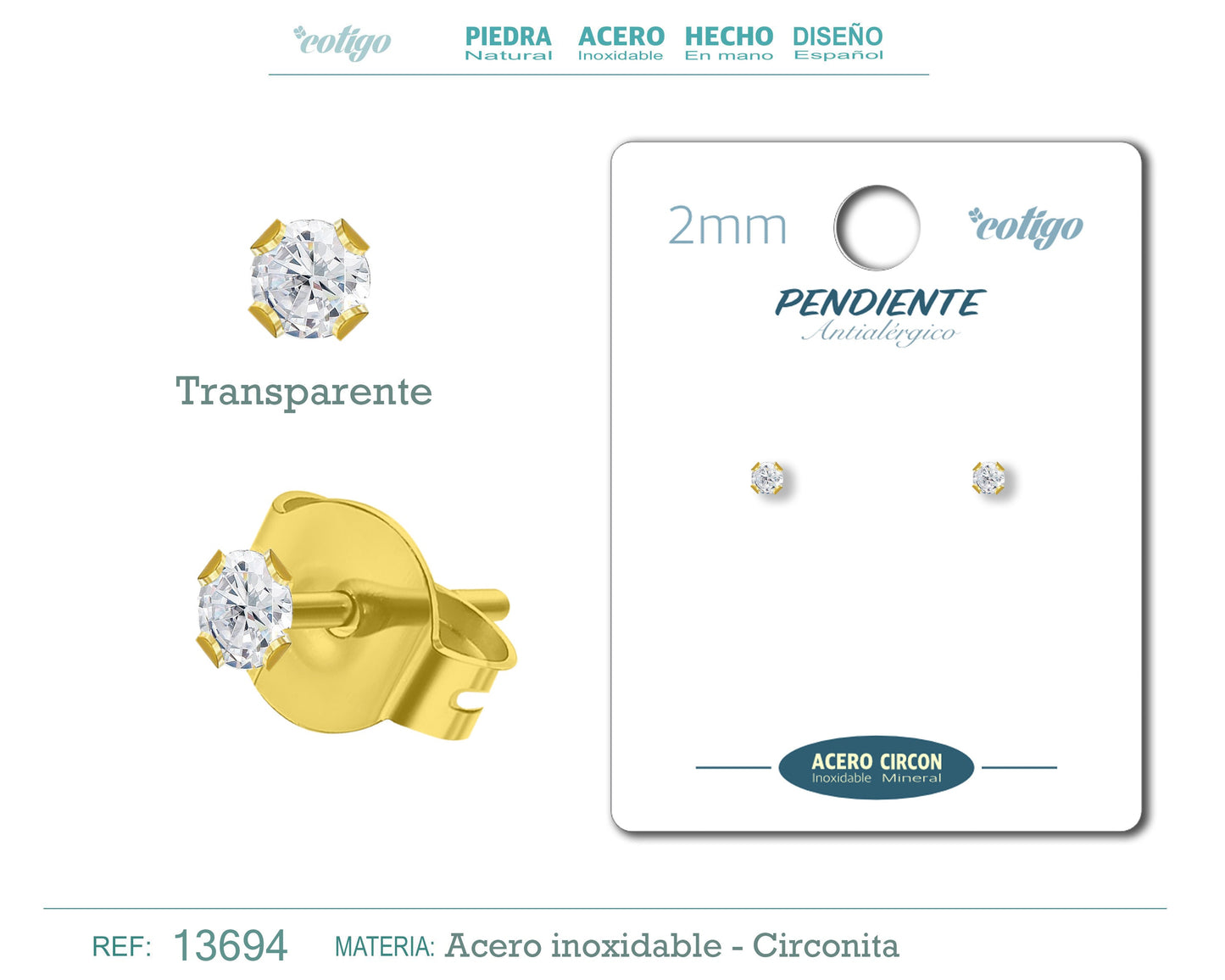 Pendiente Circonita Redondo-Transparente-2mm-Base Acero Dorado
