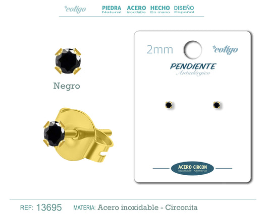 Pendiente Circonita Redondo-Negro-2mm-Base Acero Dorado