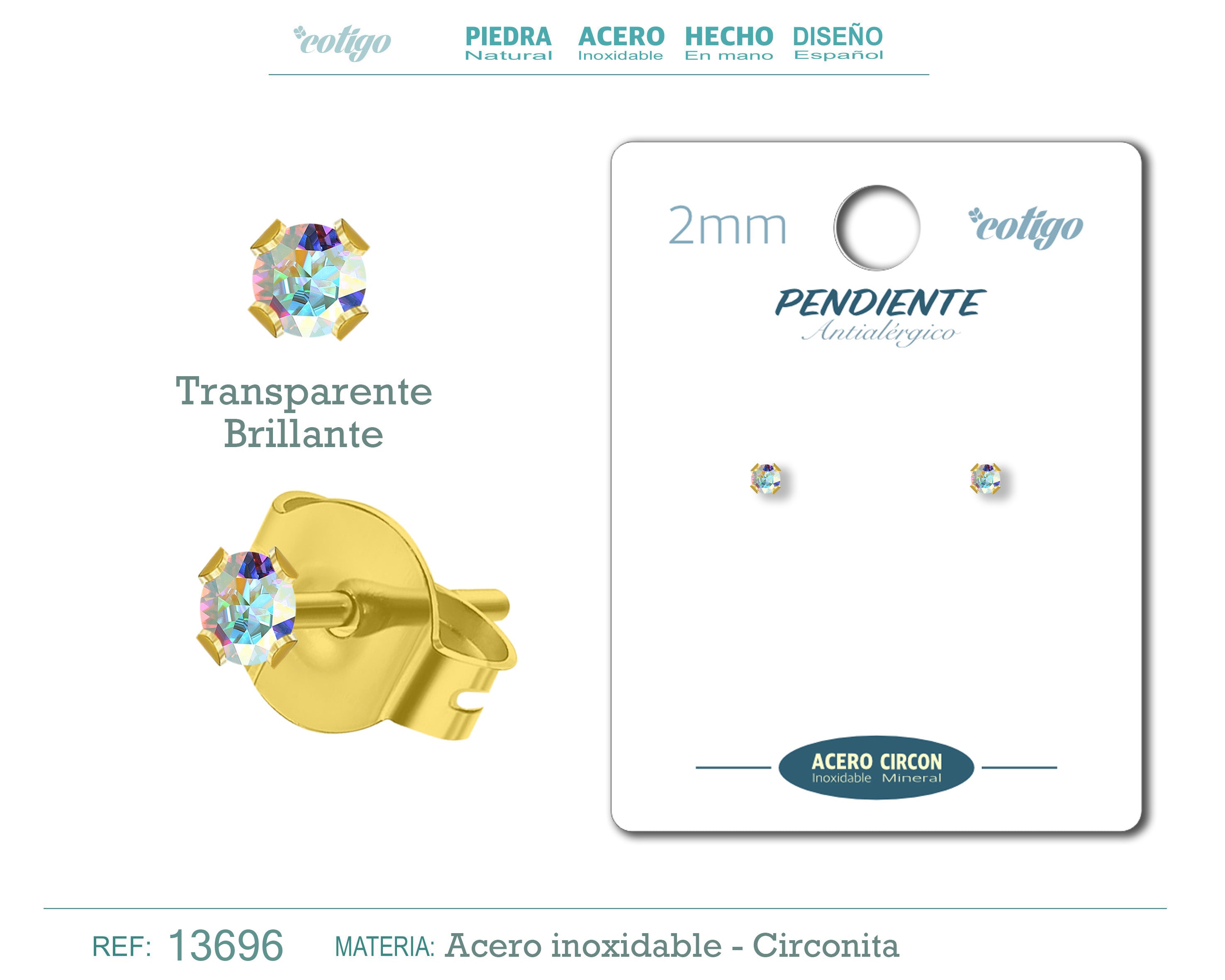Pendiente Circonita Redondo-Transparente brillante-2mm-Base Acero Dorado - cotigo