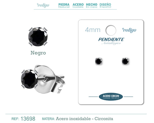 Pendiente Circonita Redondo-Negro-4mm-Base Acero Plateado