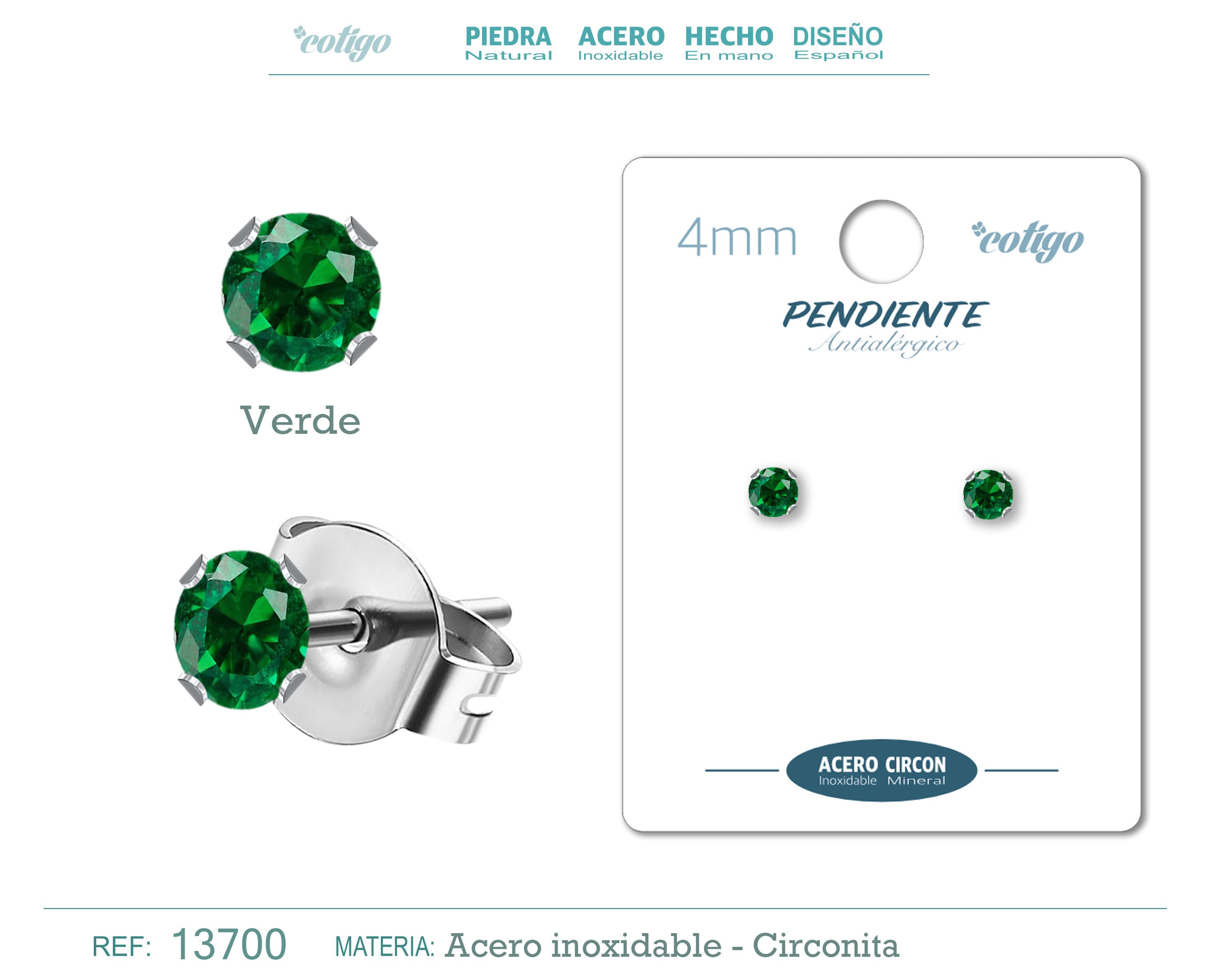 Pendiente Circonita Redondo-Verde-4mm-Base Acero Plateado - cotigo