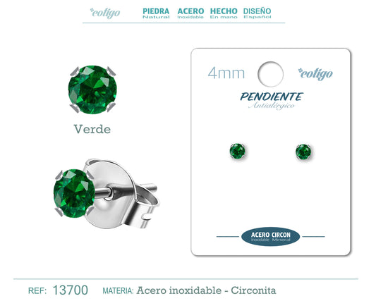 Pendiente Circonita Redondo-Verde-4mm-Base Acero Plateado