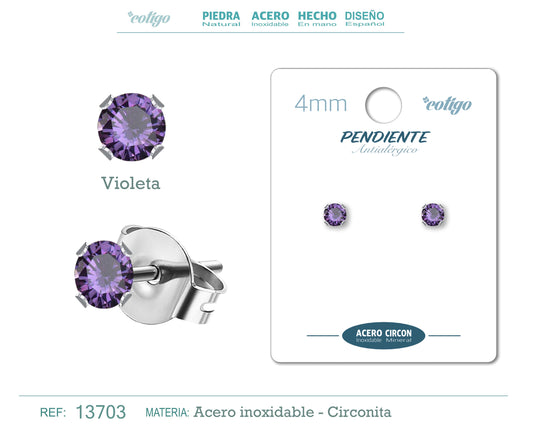 Pendiente Circonita Redondo-violeta-4mm-Base Acero Plateado