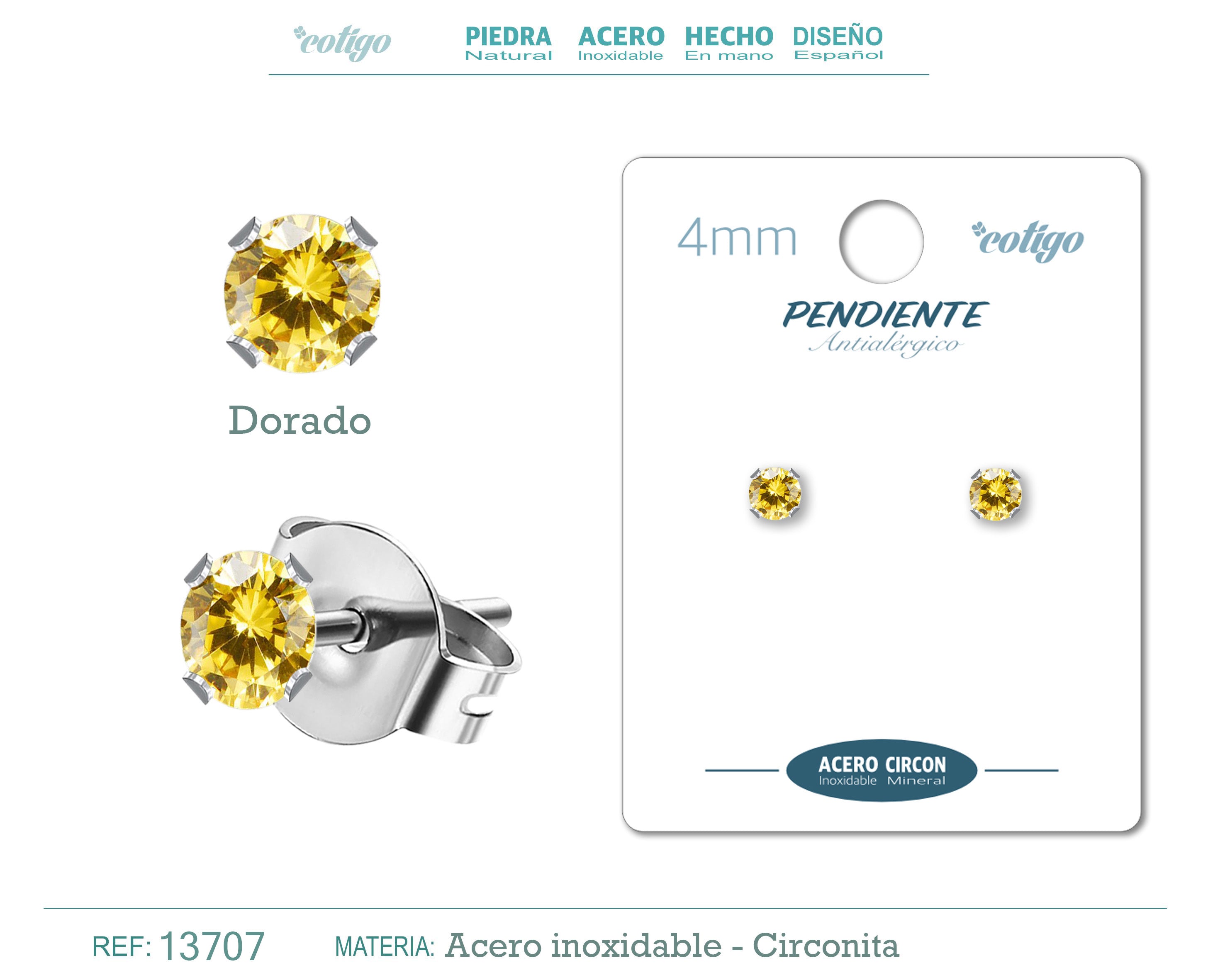 Pendiente Circonita Redondo-Dorado-4mm-Base Acero Plateado - cotigo