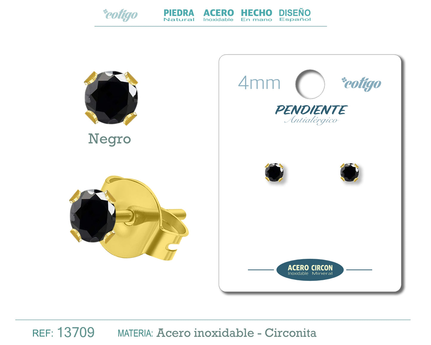 Pendiente Circonita Redondo-Negro-4mm-Base Acero Dorado